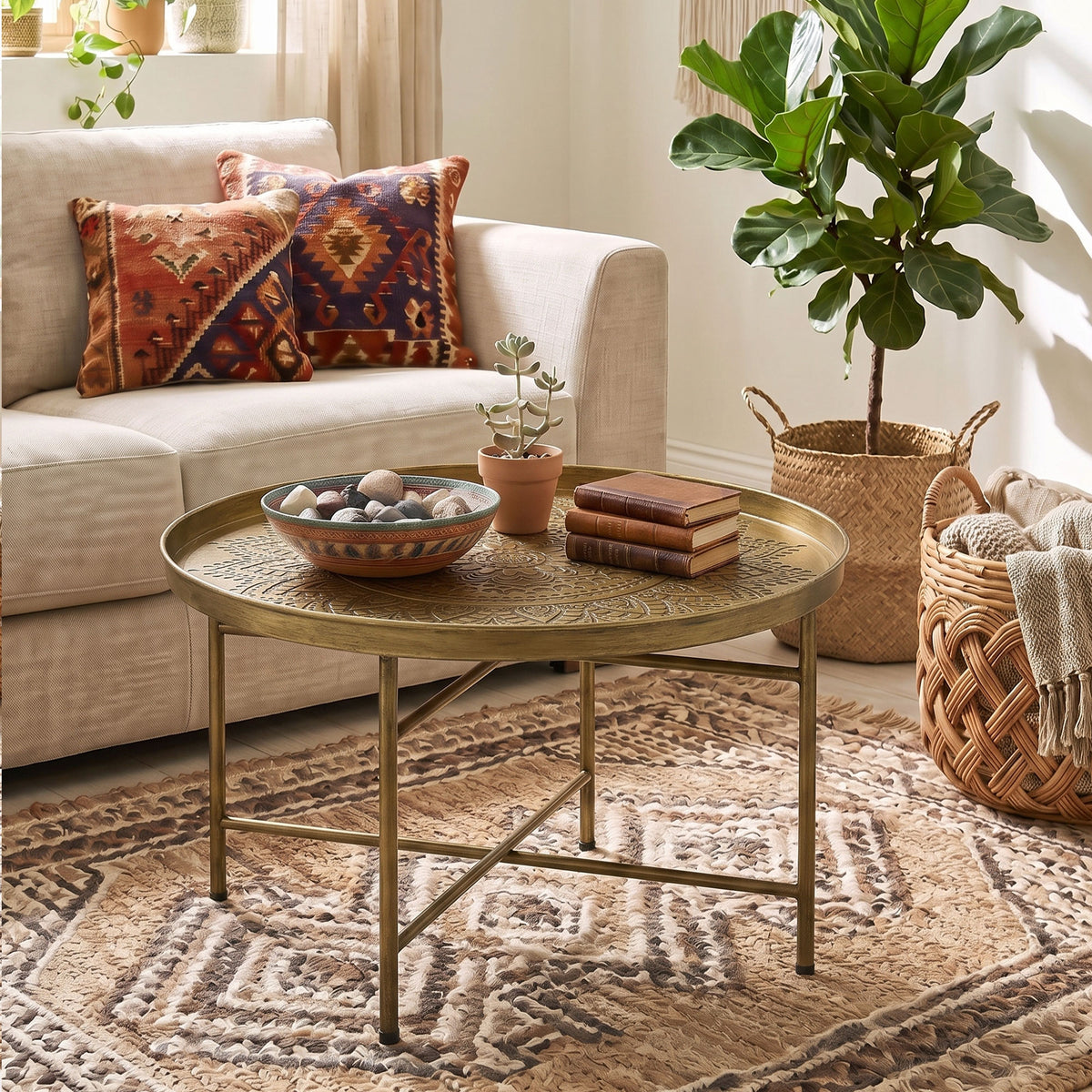 Coffee Table for Living Room, 24" Round Center Table with Hammered Tray Top and Metal Frame for Bedroom, Gold