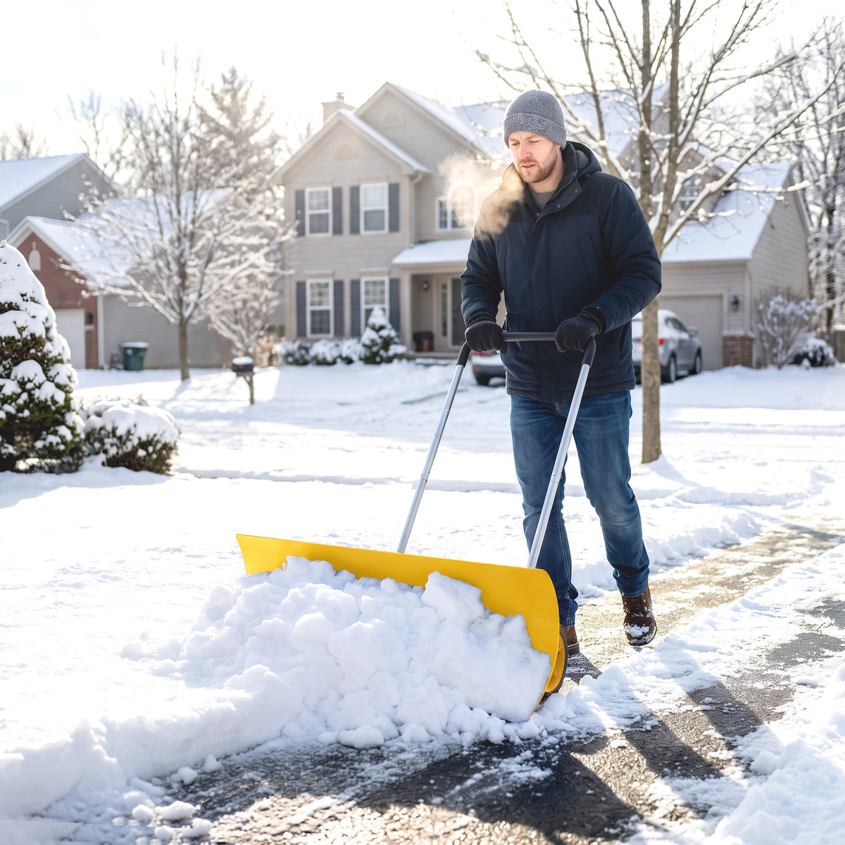 37-Inch Extra Wide Snow Shovel with Wheels, Heavy Duty Aluminum Snow Pusher with Ergonomic Adjustable Handle, Yellow