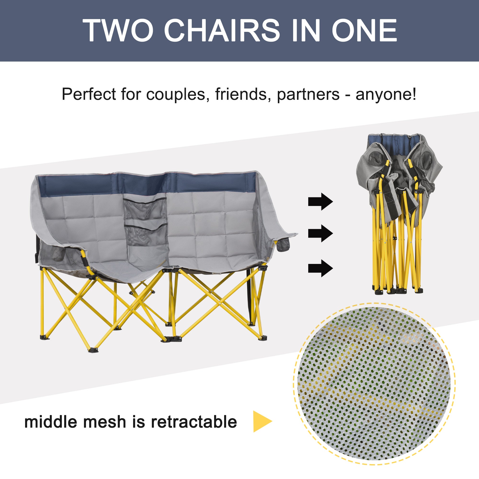 Loveseat Style Camping Chair, Oversized Folding Lawn Chair with Carry Bag & Cup Holders, for Outdoor, Beach, Picnic, Hiking, Travel, Navy Blue & Gray