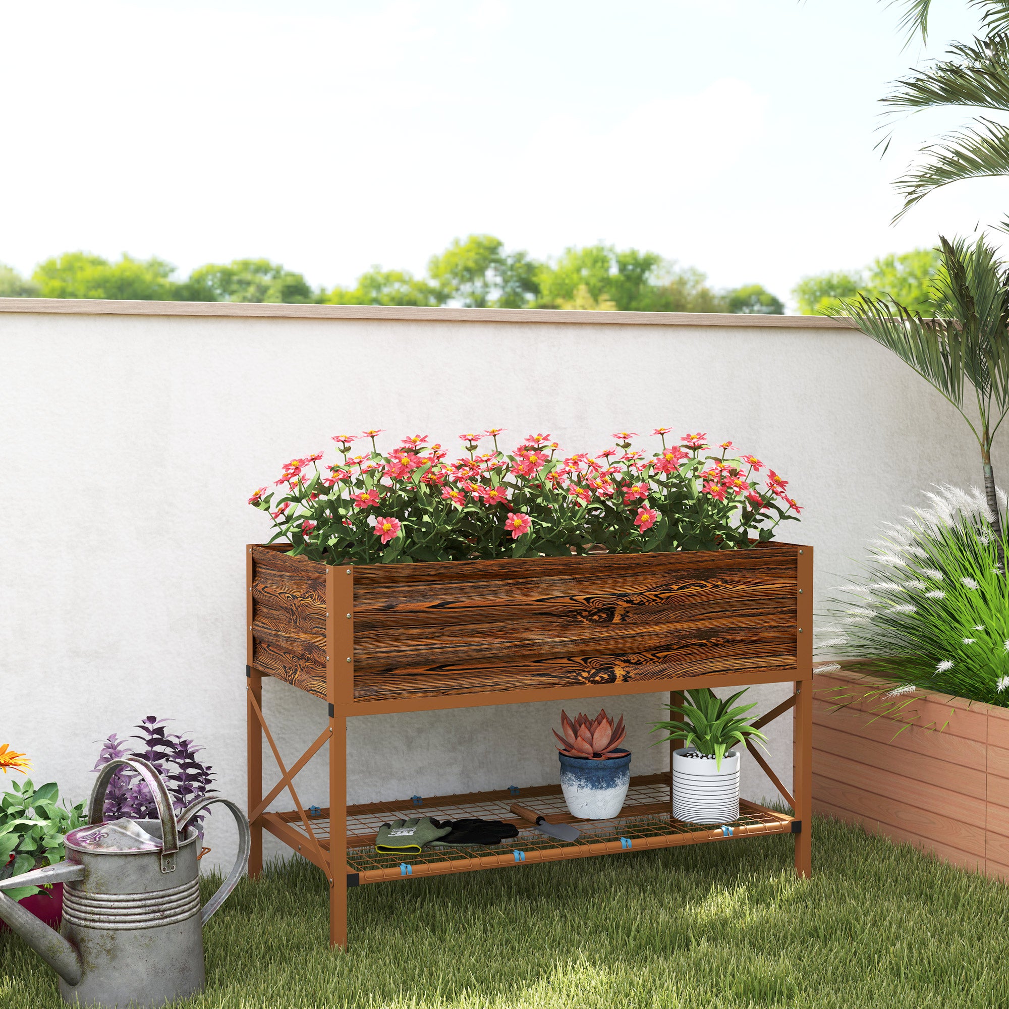 Galvanized Raised Garden Bed, Metal Planter Box with Legs, Storage Shelf and Bed Liner, Dark Brown - Brown - Image 2