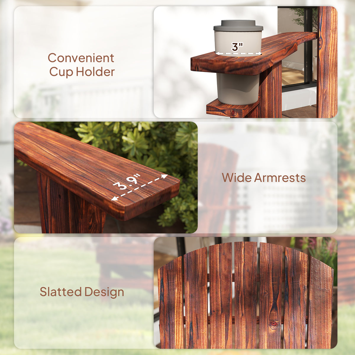 Oversized Adirondack Chair, Outdoor Fire Pit and Porch Seating, Classic Log Lounge w/ Built-in Cupholder, Brown