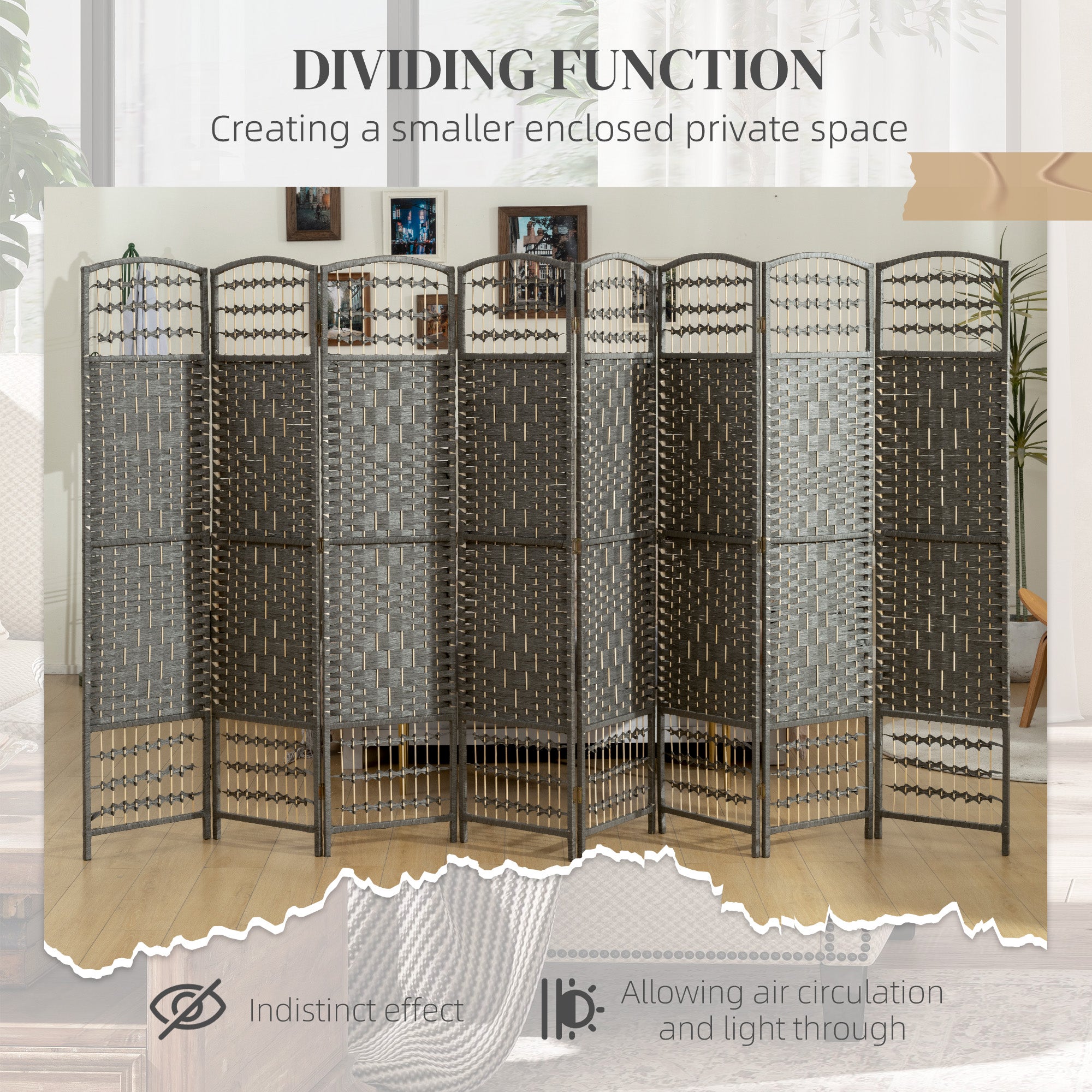 8 Panel Folding Room Divider Portable Privacy Screen Wave Fiber Room Partition for Home Office Dark Gray