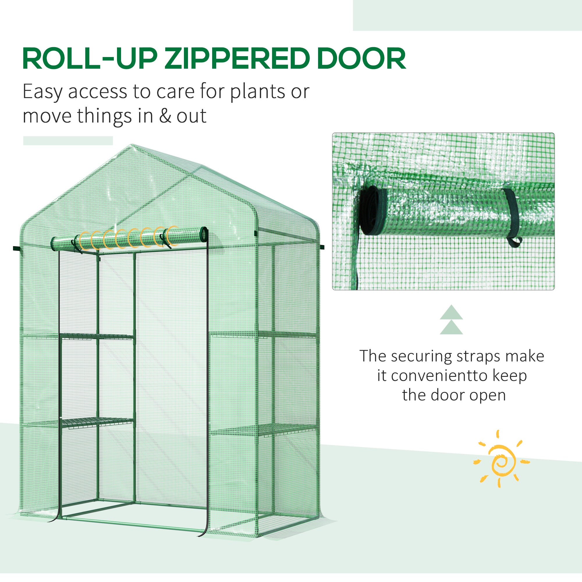 56" x 29" x 77" Walk-in Greenhouse, Garden Hot House with 3 Tier Shleves, Roll-Up Door and PE Cover, Green - Green - Image 6