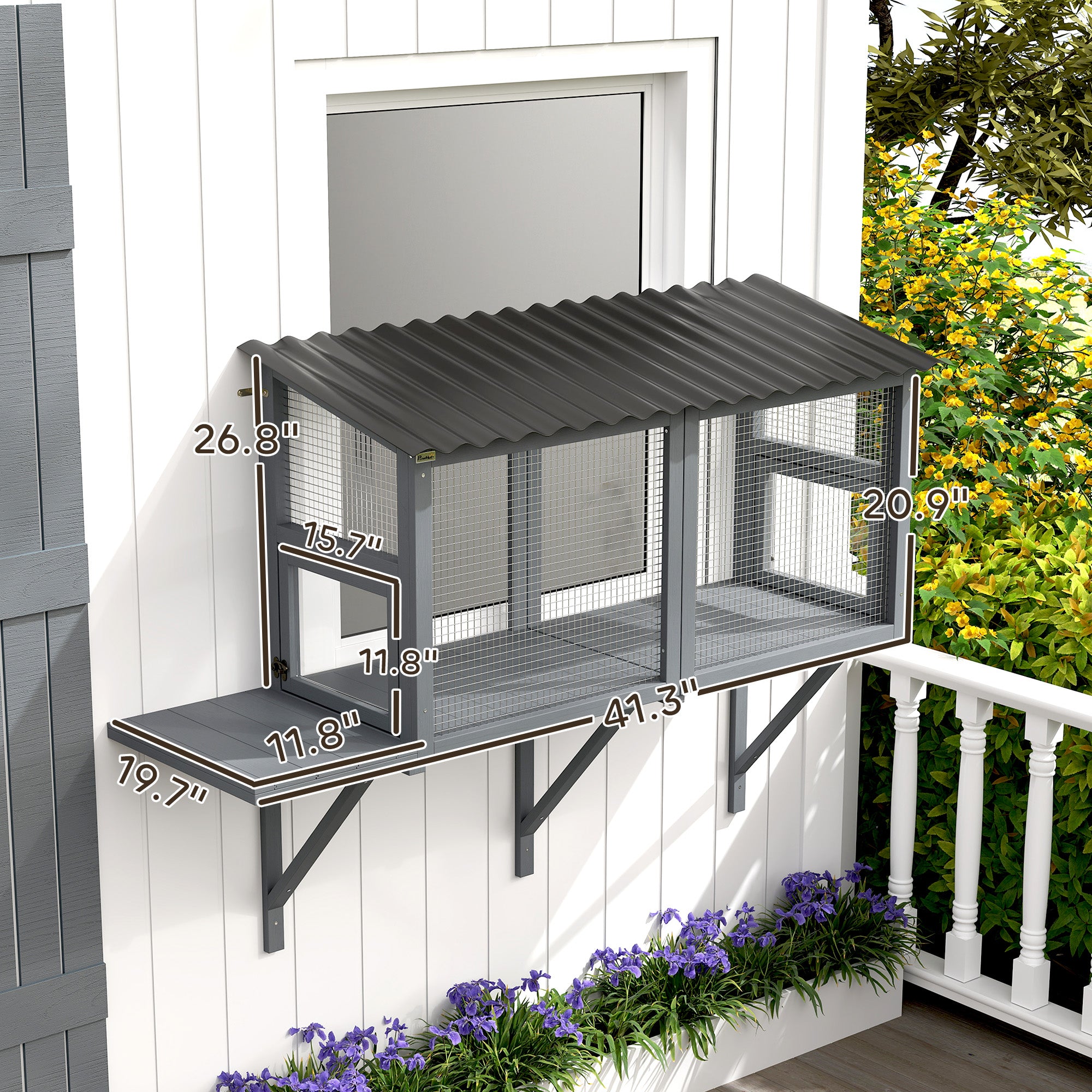 Wooden Cat Catio, Outdoor Cat Enclosure Window Perch with Jumping Platform, for Safely Enjoying Outdoor Sights, Gray - Gray - Image 3