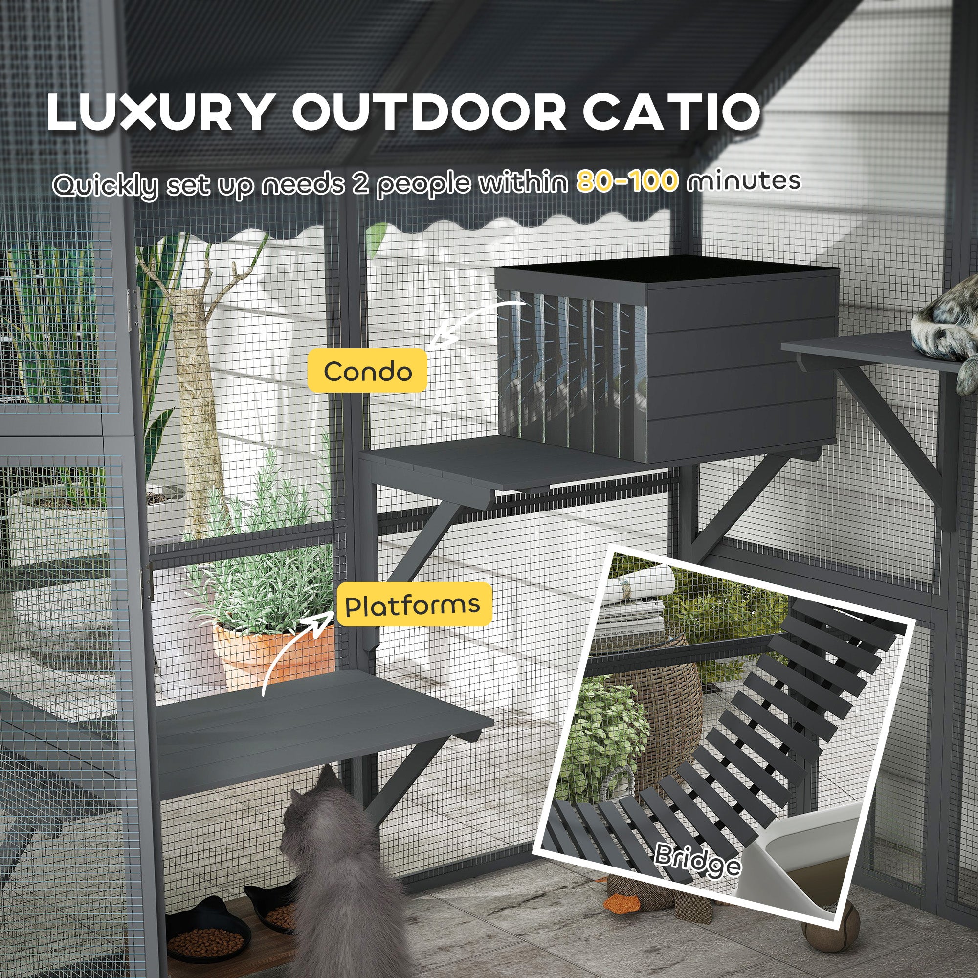 Wooden Catio Outdoor Cat Enclosure with Waterproof Cover, 2 Condos, 4 Platforms, Bridge, Doors, Gray - Gray - Image 4