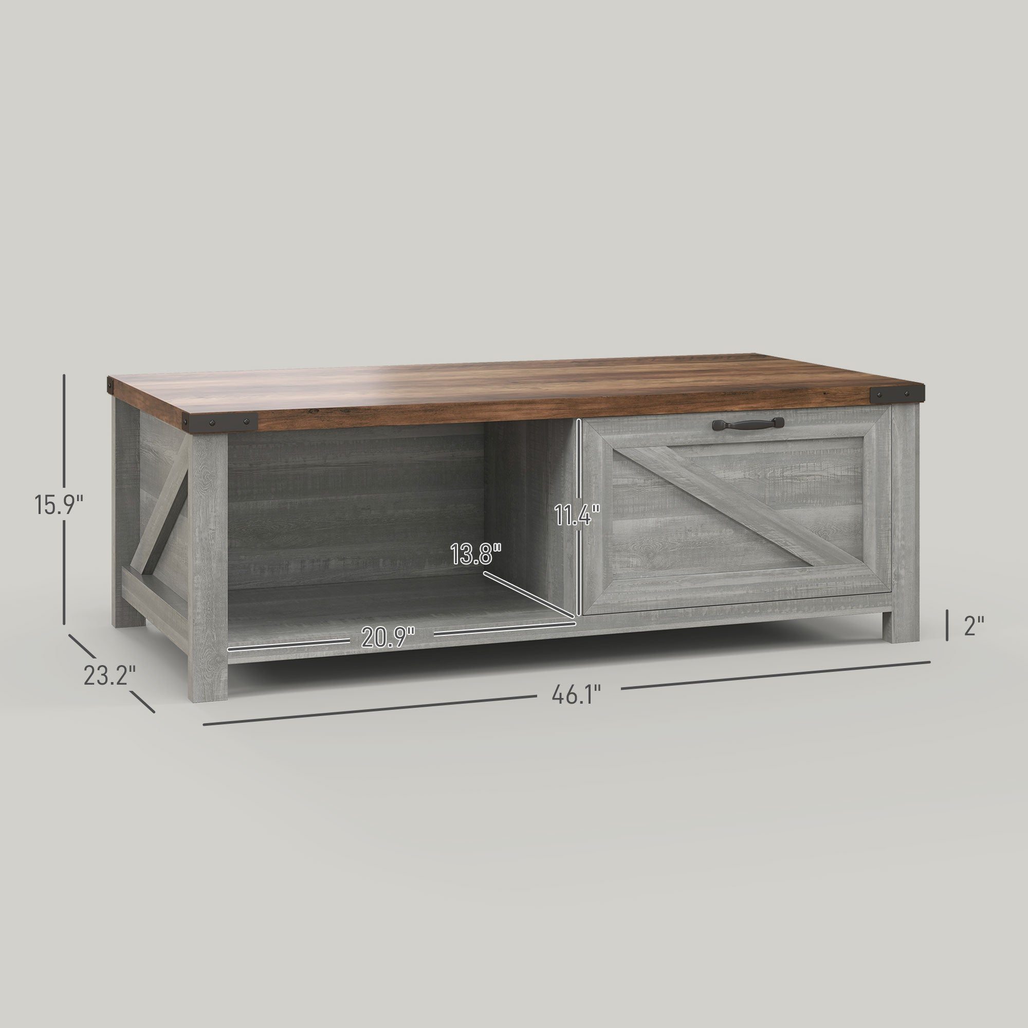 Coffee Table with Storage, Farmhouse Living Room Table with Storage Drawer and Open Shelf, Distressed Gray