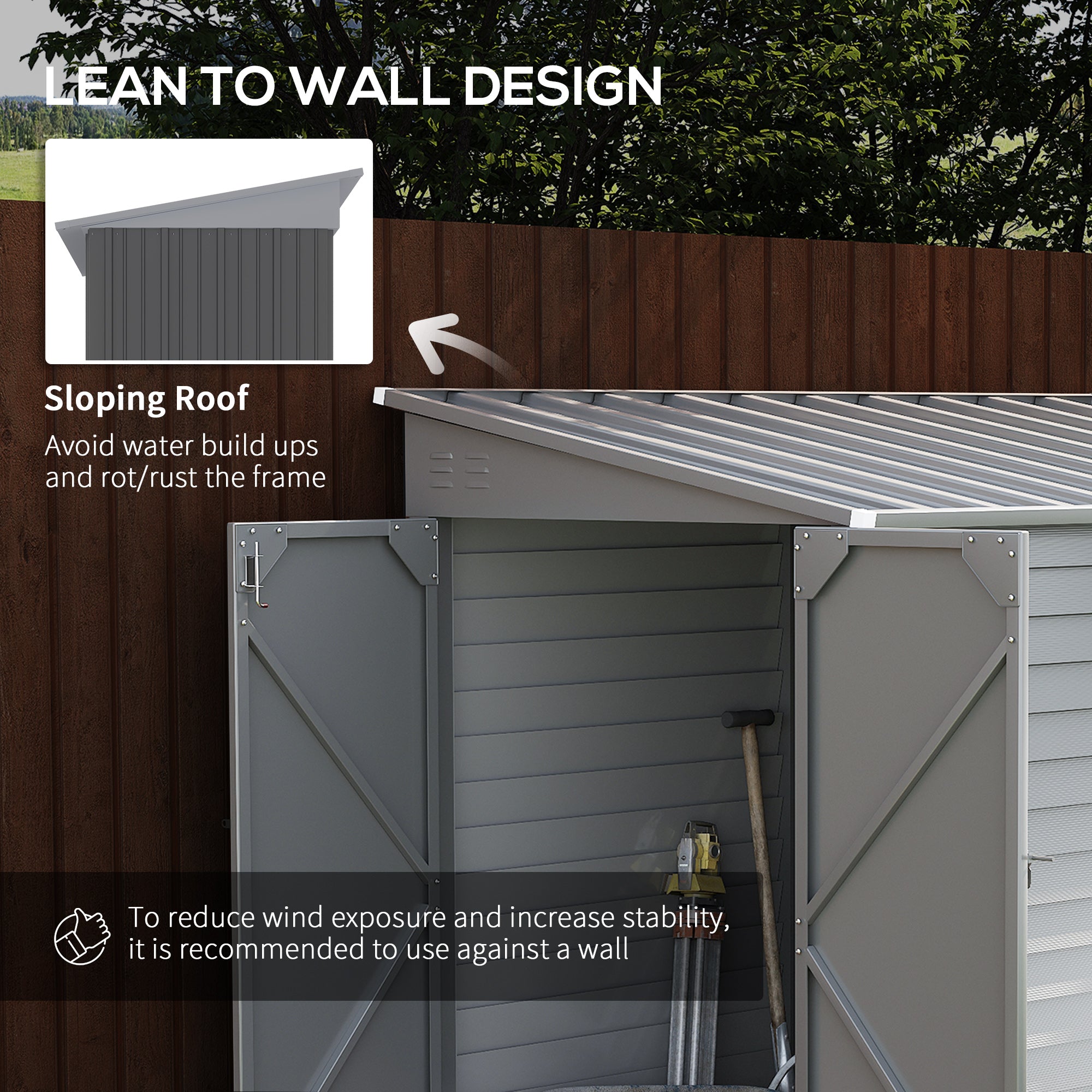 4.6' x 9' Outdoor Storage Shed, Lean to Metal Shed with Foundation Kit, Lockable Doors and Gloves for Patio, Lawn, Gray - Gray - Image 6