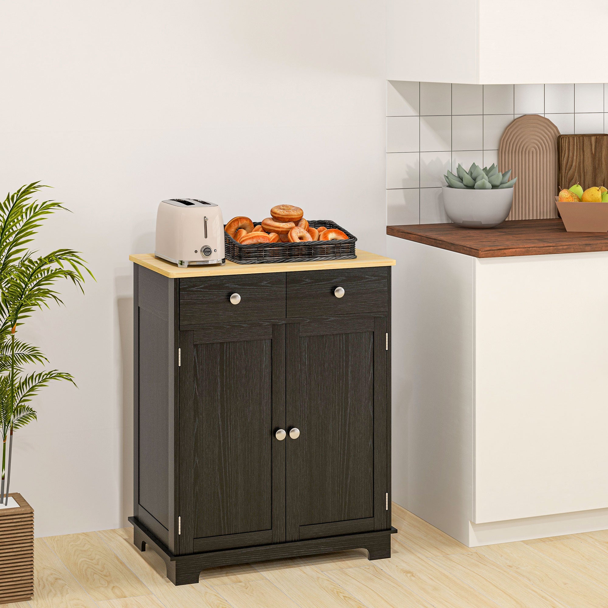 Kitchen Storage Cabinet, Sideboard Floor Cupboard with Solid Wood Top, Adjustable Shelf, and 2 Drawers, Distressed Black