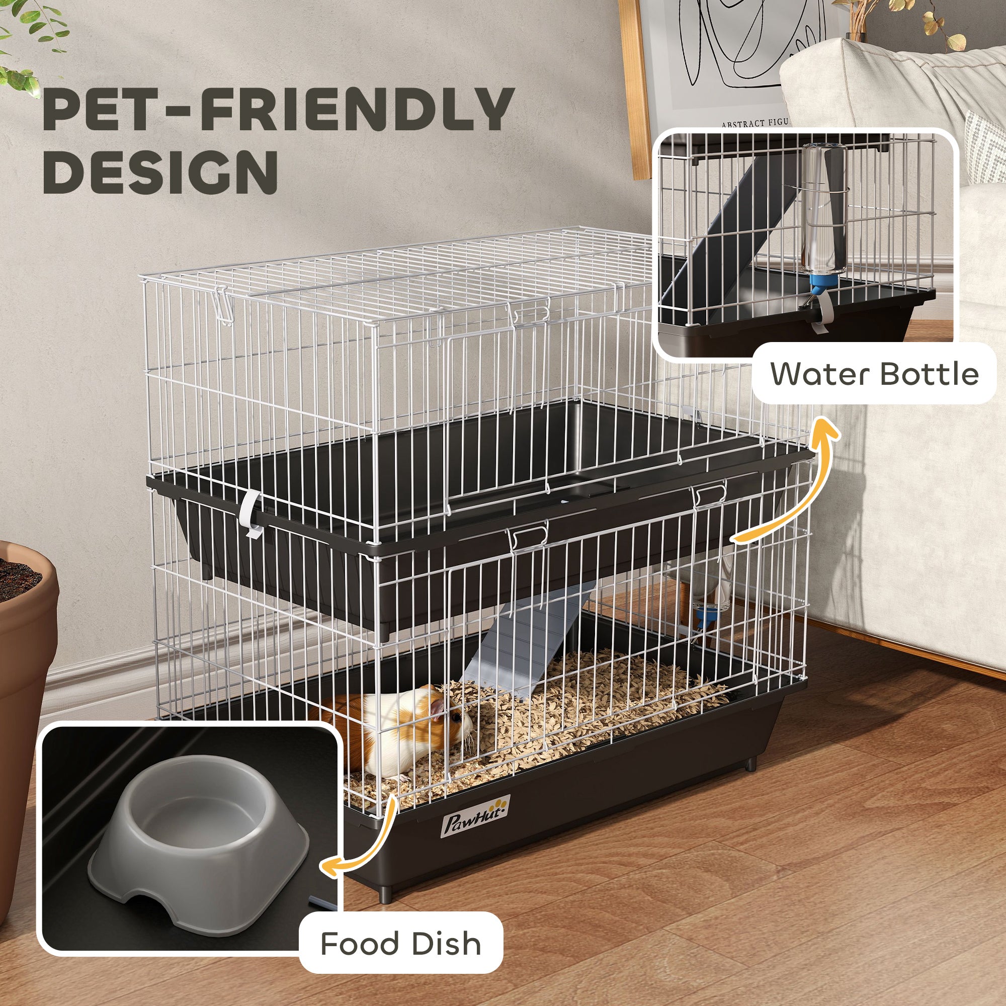 2-Tier Small Animal Cage with 2 Doors, Trays, Dish, Bottle, and Ramp for Bunny, Ferret, Chinchilla, Black - Black - Image 5