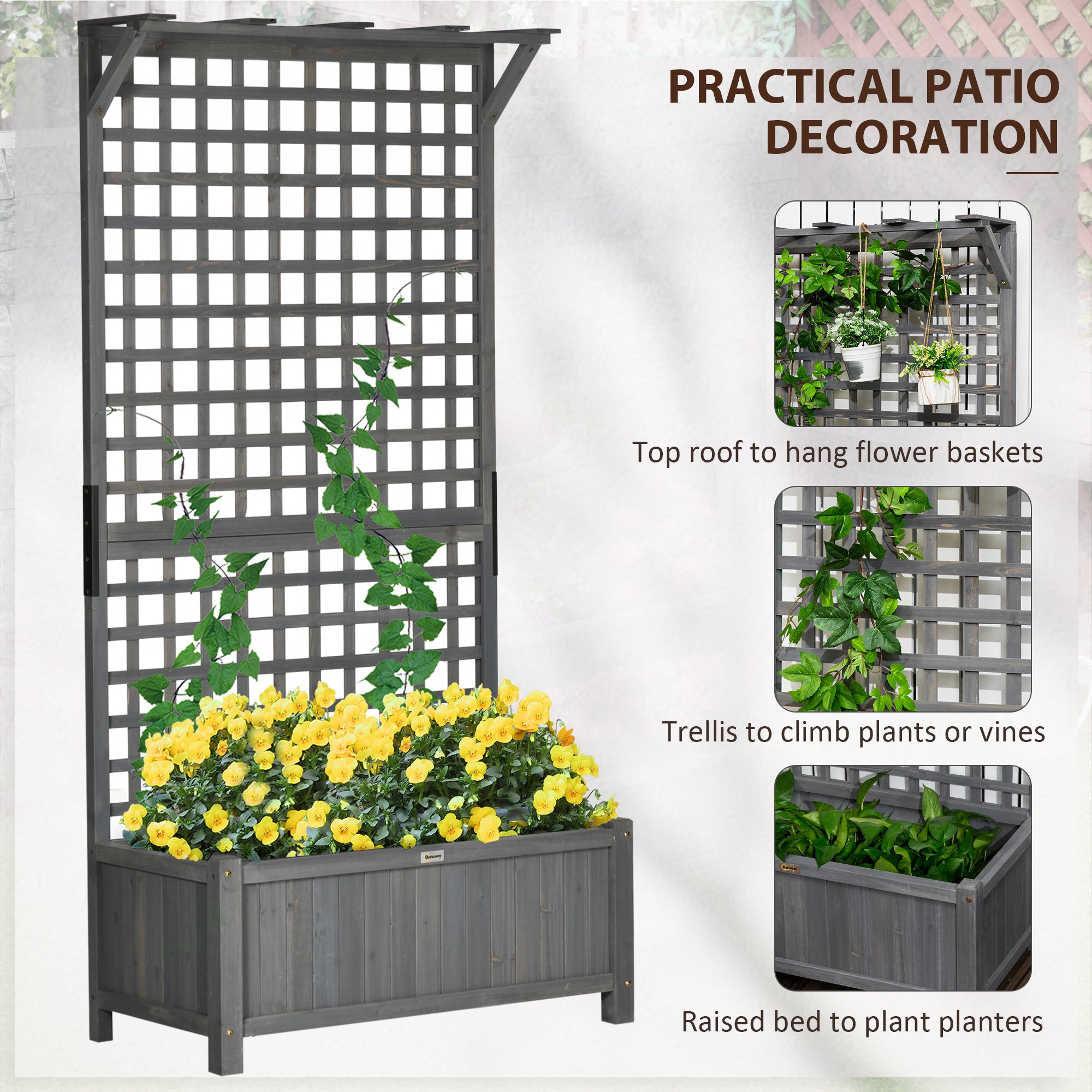 Wood Planter with Trellis for Vine Climbing, Raised Garden Bed, Privacy Screen for Backyard, Patio, Dark Gray - Dark Gray - Image 4