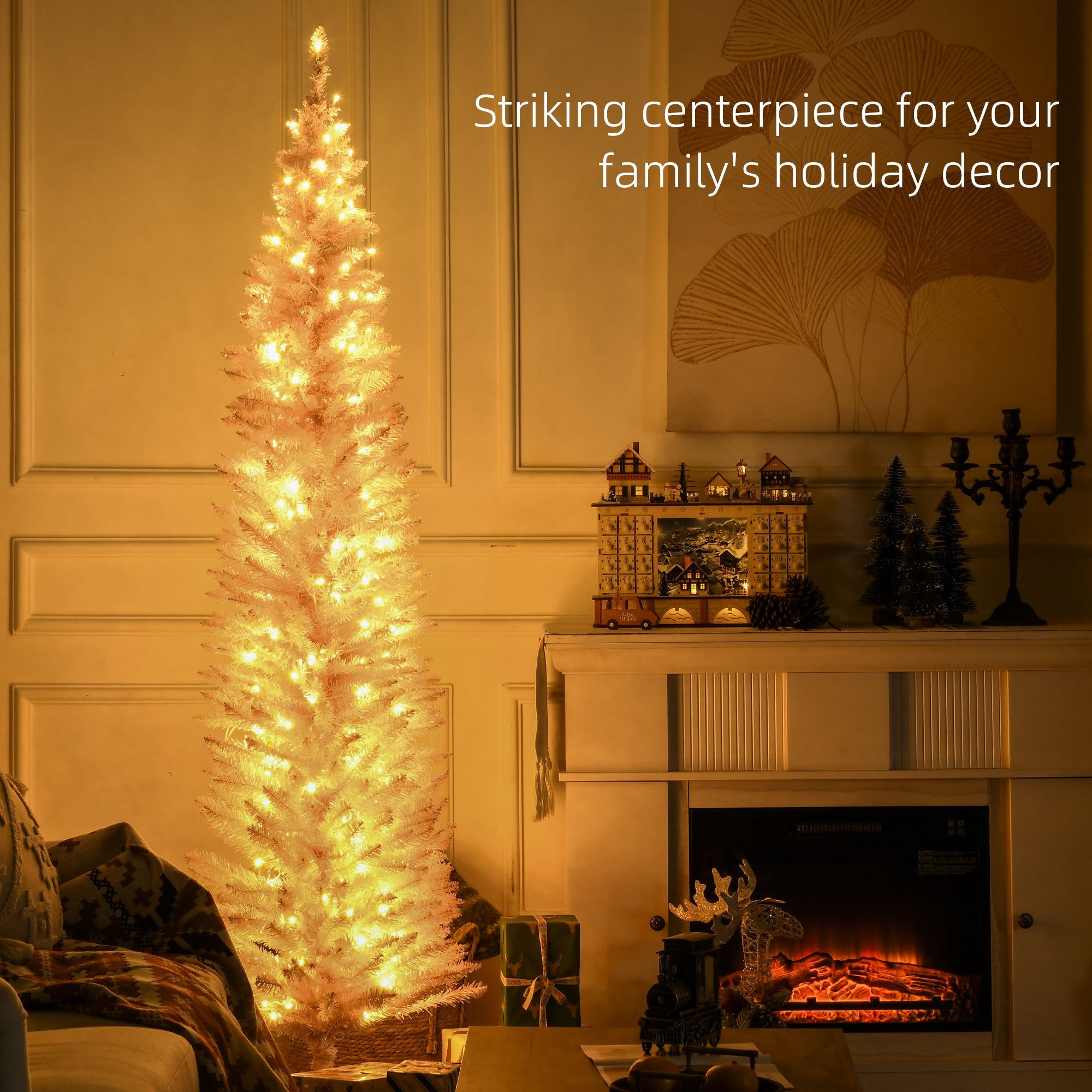 7ft Pencil Christmas Tree, Slim Artificial Christmas Tree with Realistic Branches and Warm White LED Lights, Pink