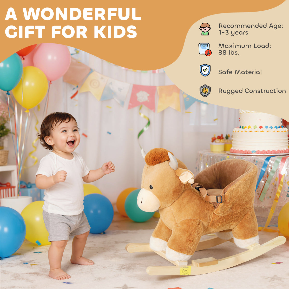 Baby Rocking Horse with Cute Cow Stuffed Plush, Music, Safety Belt, Wooden Rocking Horse for 1-3 Years, Brown