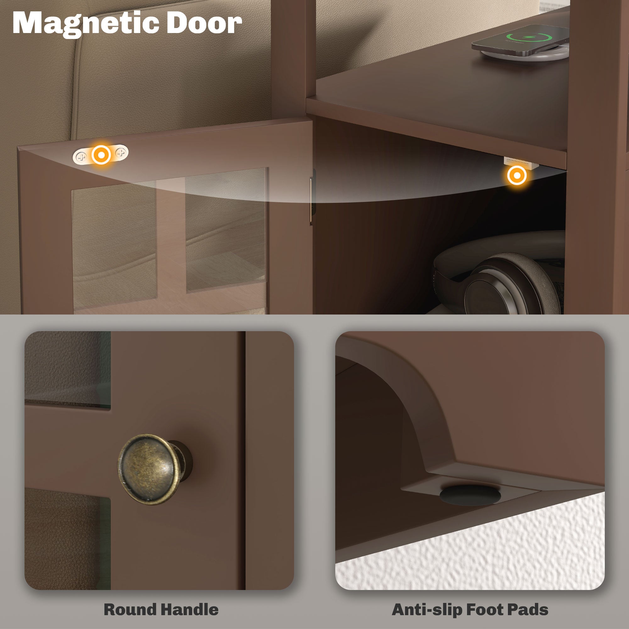 Narrow Side Table End Table with Charging Station, USB Ports, Modern End Table with Storage for Living Room, Brown