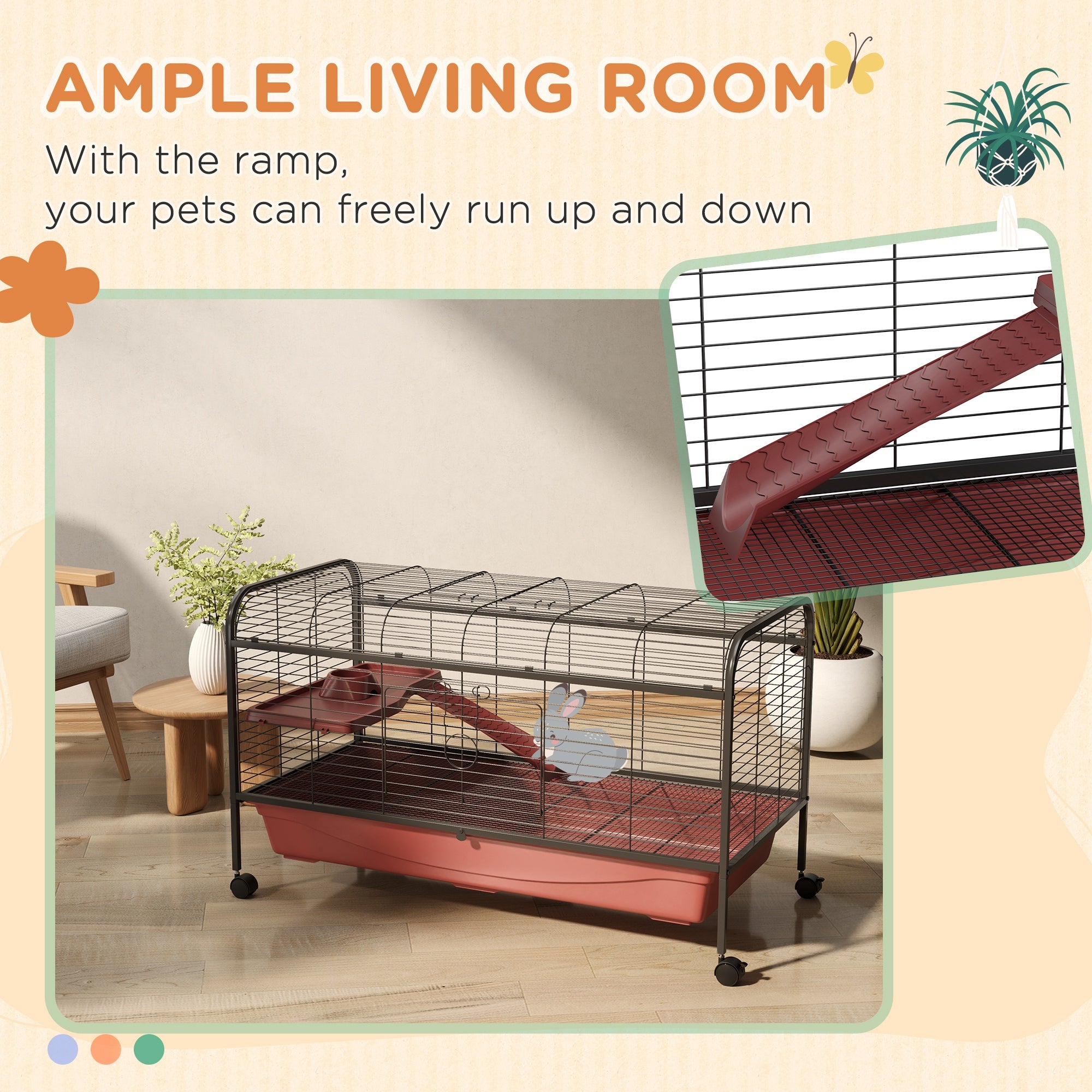 48" L Small Animal Cage, Pet Play House for Rabbit Hutch or Ferret with Feeder, Rolling Wheels, Platform, Ramp - Red and Black - Image 4