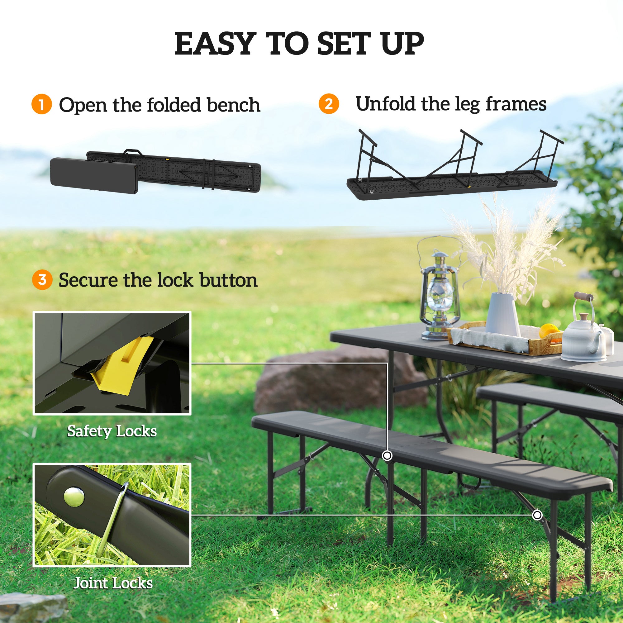 2 Pack 6 ft Portable Foldable Bench Seats, Plastic Folding Benches with Carrying Handle for Camping, Black
