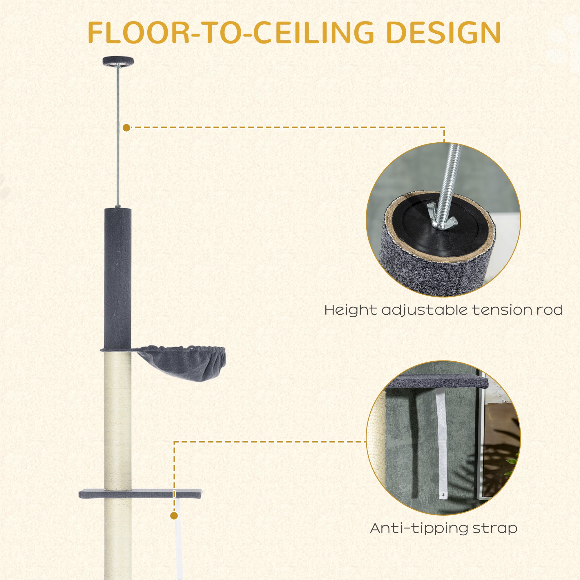 Floor To Ceiling Cat Tree, 5-Tier Cat Climbing Tower, 95''-106'' Height Adjustable with Carpeted Platforms, Cozy Bed, Hammock, Scratching Post & Toy Ball for Indoor Cats, Dark Gray and Cream - Black, Cream - Image 5