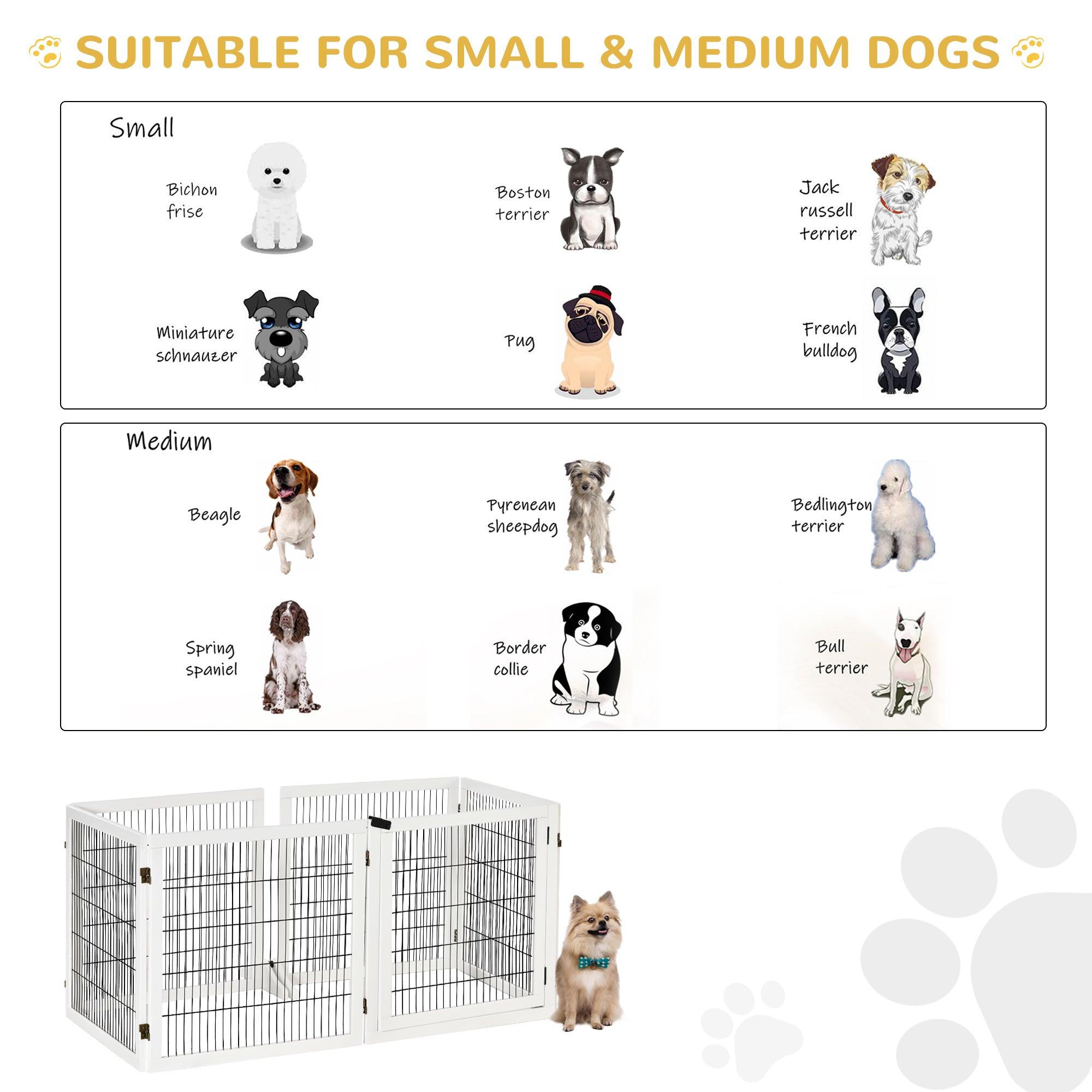 Wooden Pet Gate, 6-Panel Folding Dog Safety Barrier with Support Feet for Small & Medium Dogs, White - White - Image 8