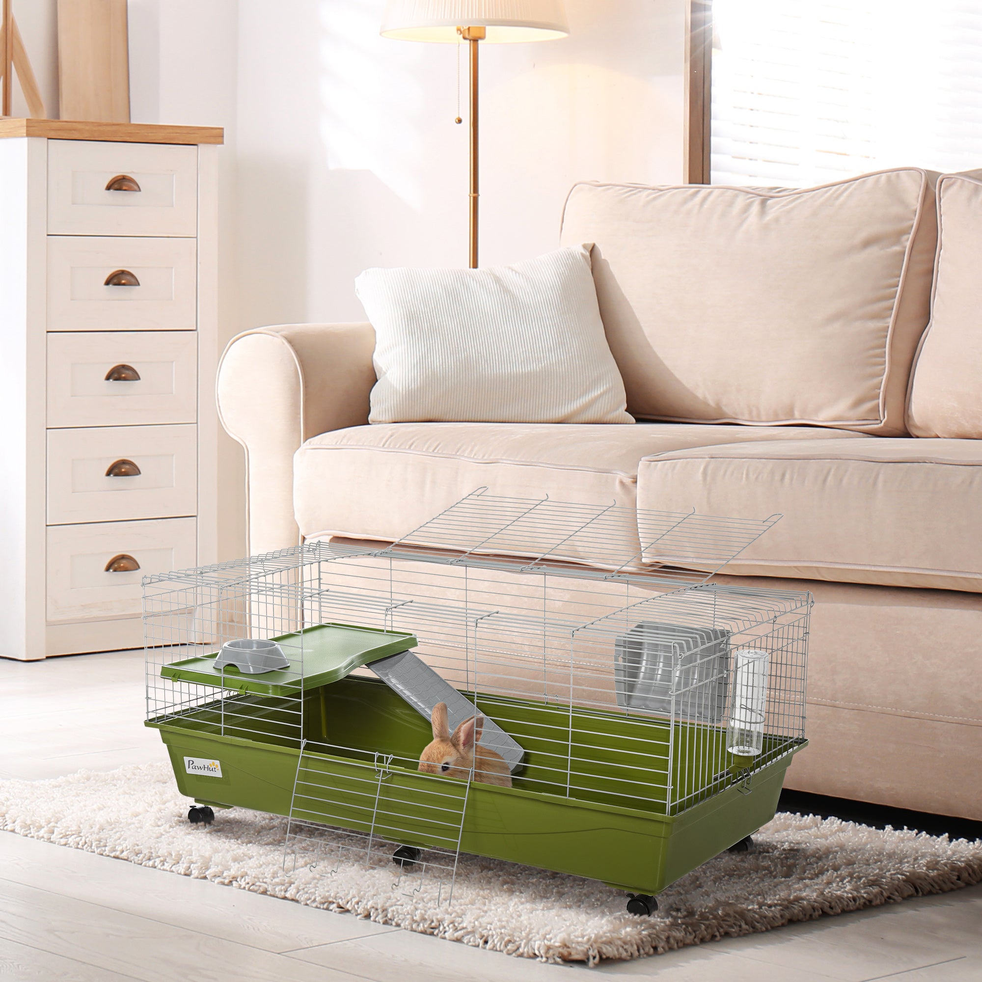 47" Small Animal Cage Chinchilla Guinea Pig Hutch Pet House with Platform Ramp, Food Dish, Wheels, & Water Bottle - Green - Image 8