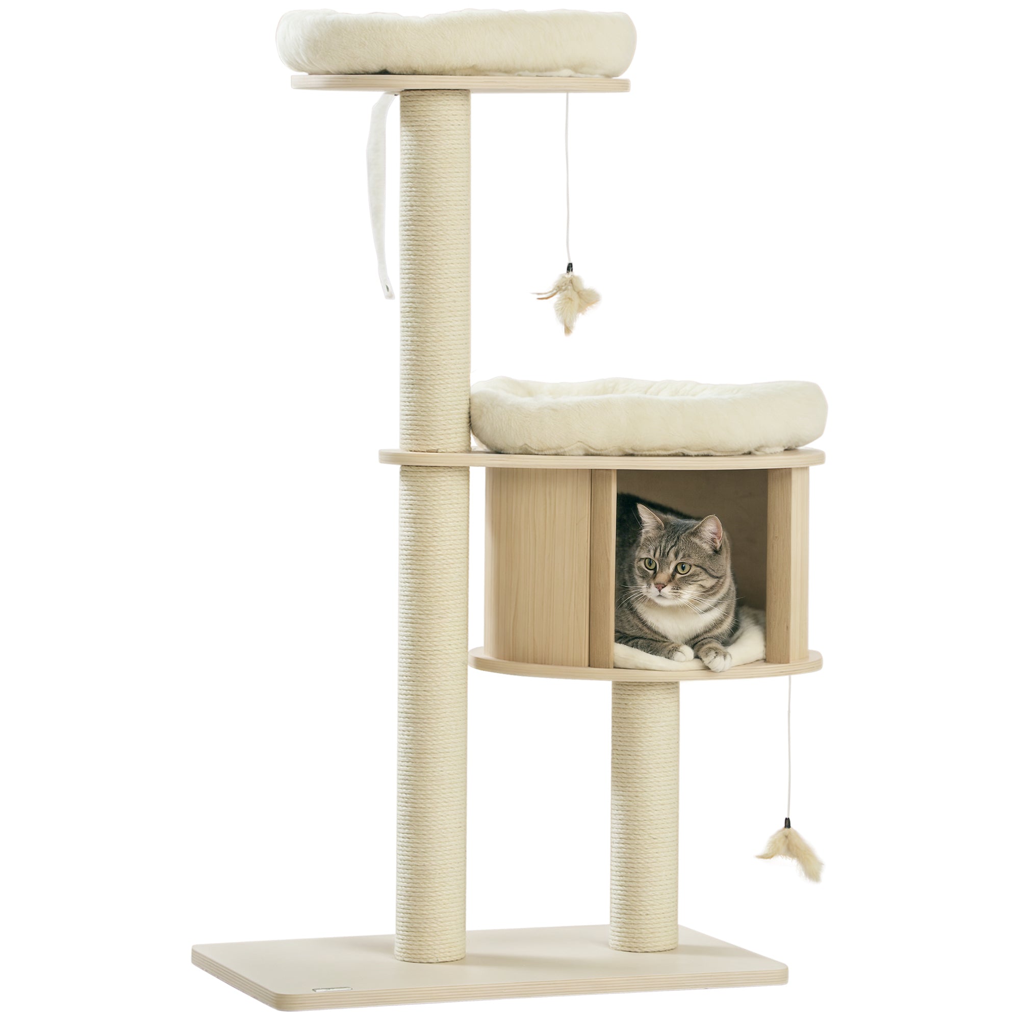 Cat Tree, 3 Level Cat Tower with Scratching Posts, Bed, Condo, Badminton Toys, for Multiple Kittens - Natural