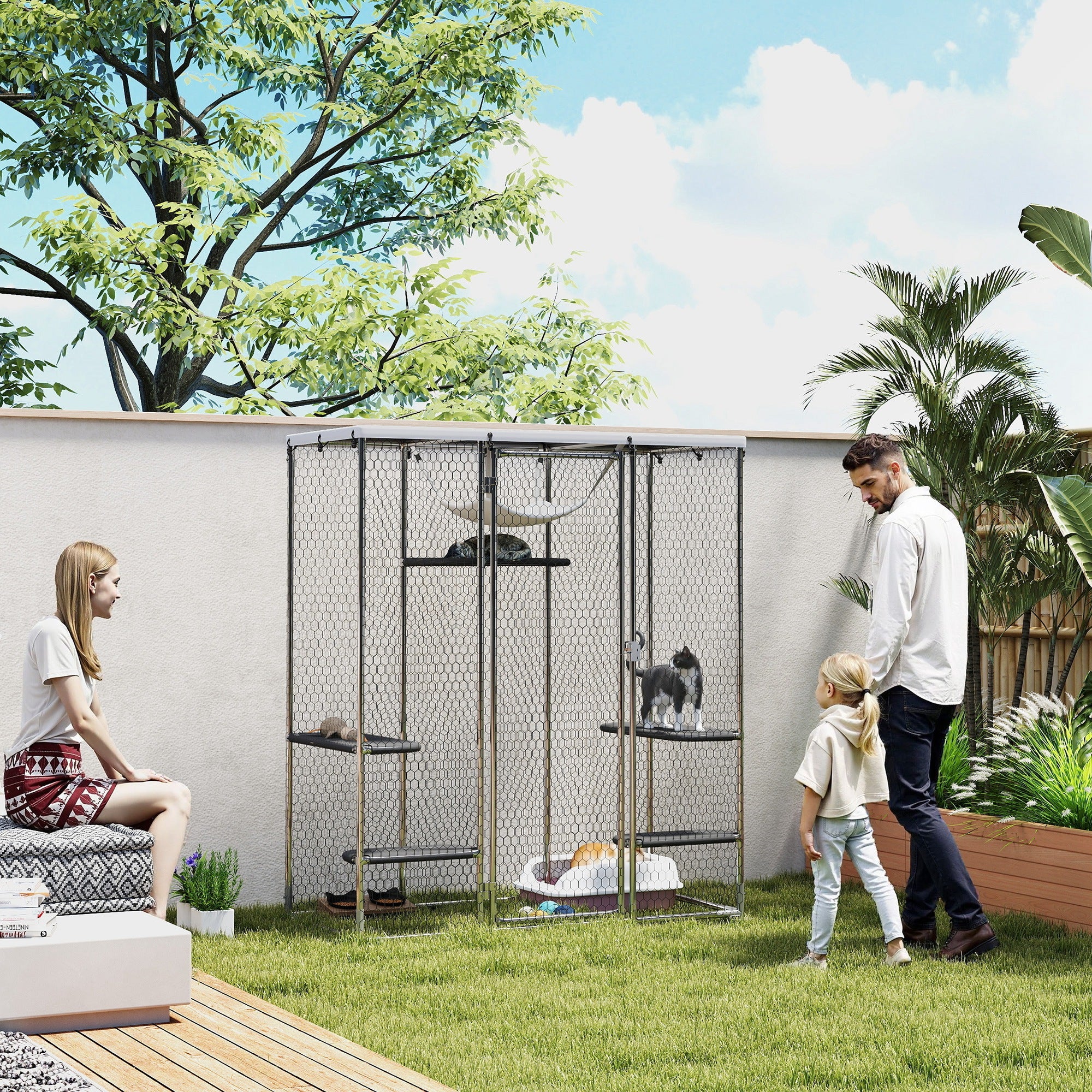 Catio Outdoor Cat Enclosure, Galvanized Steel Walk-in Cat Cage with Waterproof Cover, 5 Adjustable Platforms, Hammock - Silver - Image 2