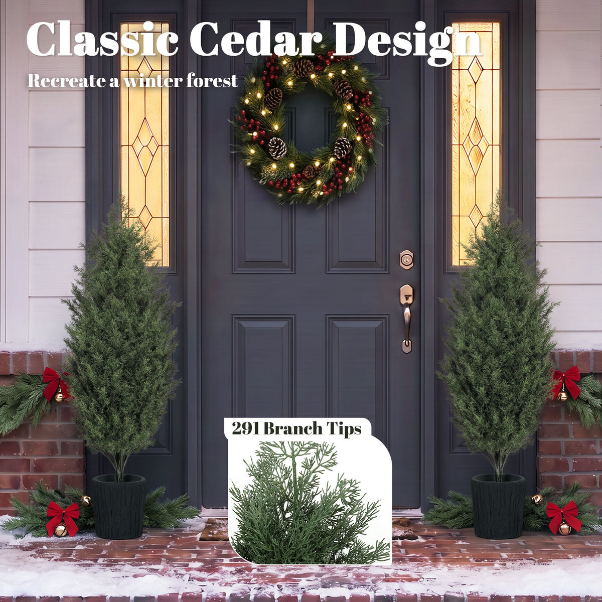 4ft Artificial Christmas Tree Set of 2, UV Resistant Faux Cedar Tree with 291 PE Branch Tips and Pot, Green
