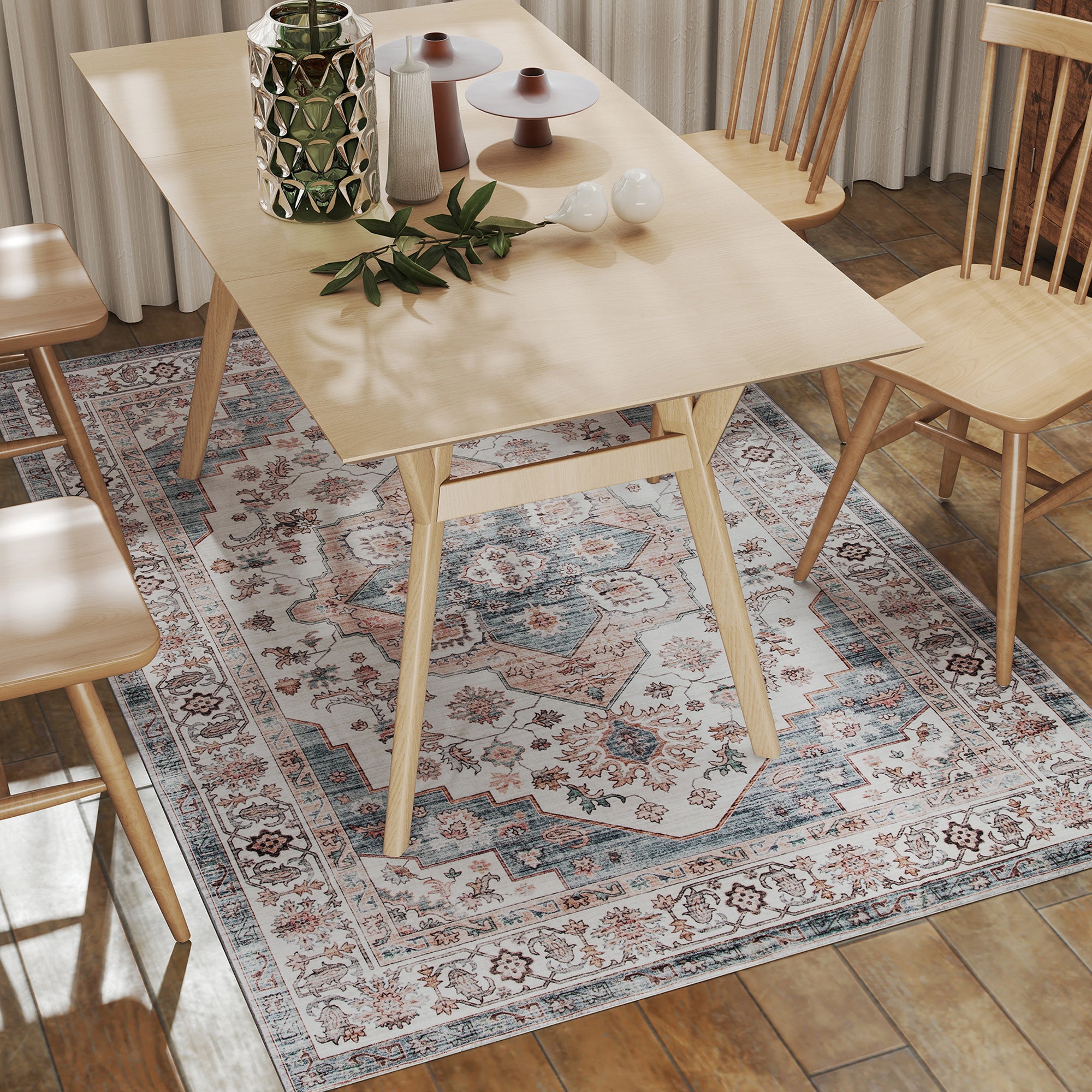 4x6 Area Rug, Vintage Machine Washable Rug, Non-Slip Carpet for Living Room, Bedroom, Dining Room, Brown & Light Blue
