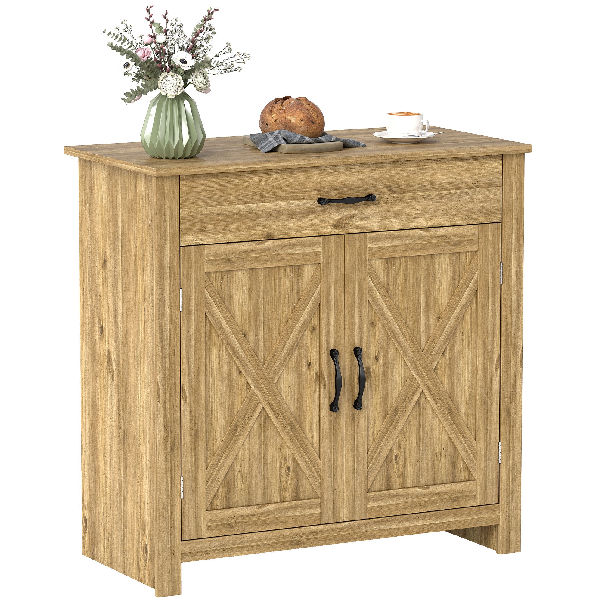 Farmhouse Sideboard Buffet Cabinet, Barn Door Coffee Bar Cabinet with Drawer and Adjustable Shelf for Kitchen, Living Room, Entryway, Natural Wood Effect