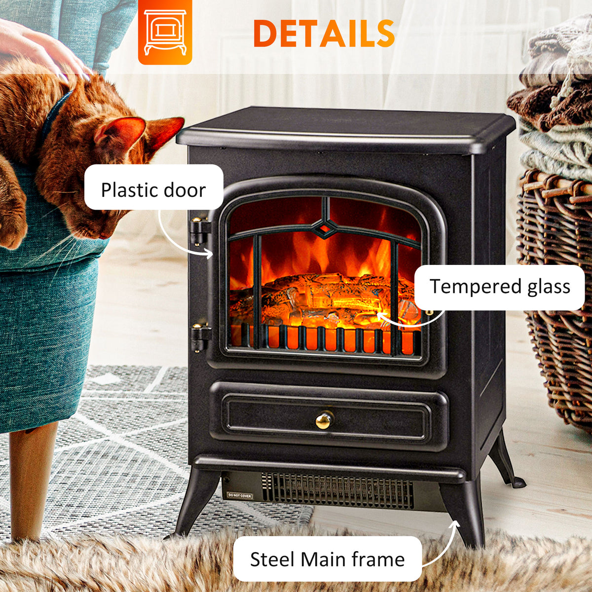 Fireplace Stove, Electric Fireplace Heater with Realistic LED Flames and Logs, 725W/1450W, Black