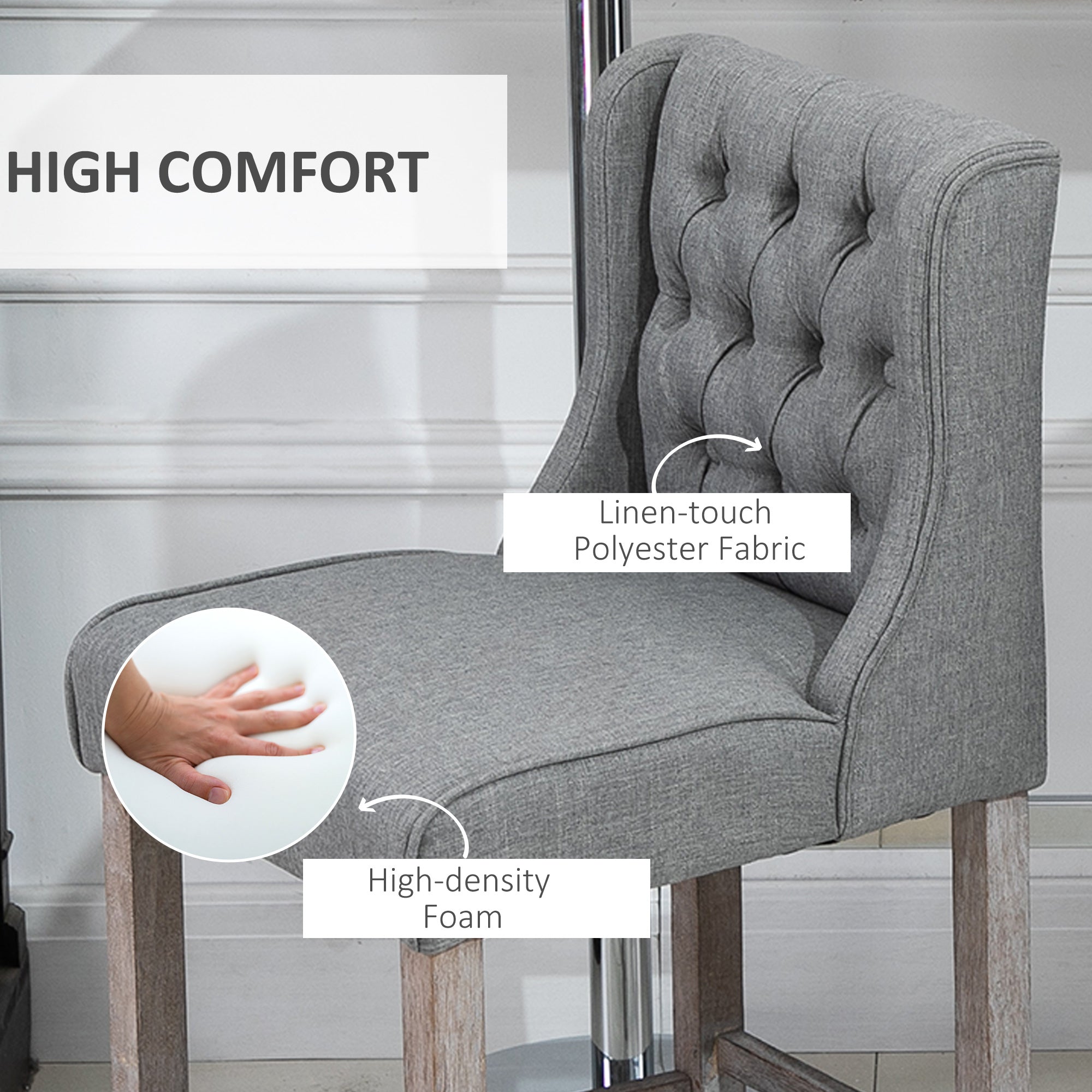 26.25" Counter Height Bar Stools, Tufted Wingback Armless Upholstered Dining Chair with Rubber Wood Legs, Set of 2, Gray