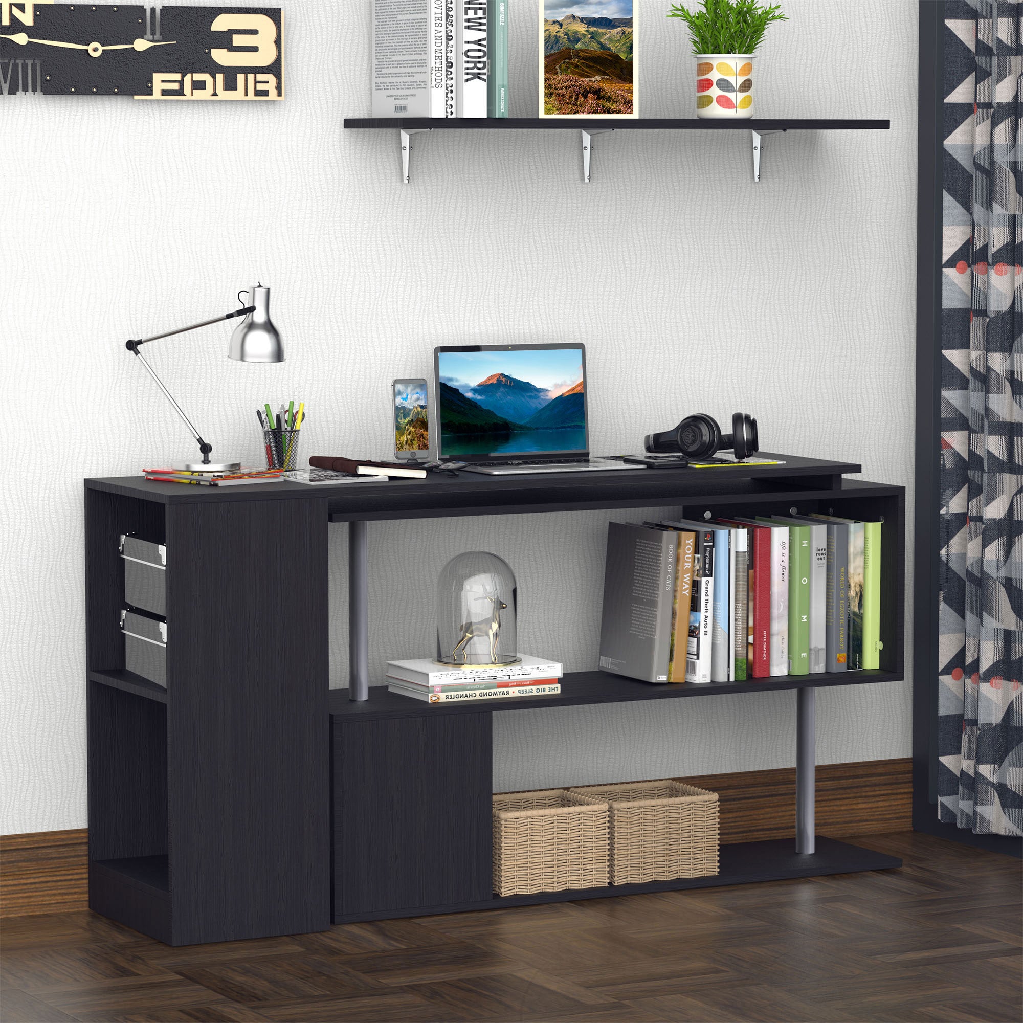 55" 360° Rotating Corner Computer Desk Modern L-Shaped Home Office Workstation with 3-Tier Storage Shelves, Bookshelf, Black