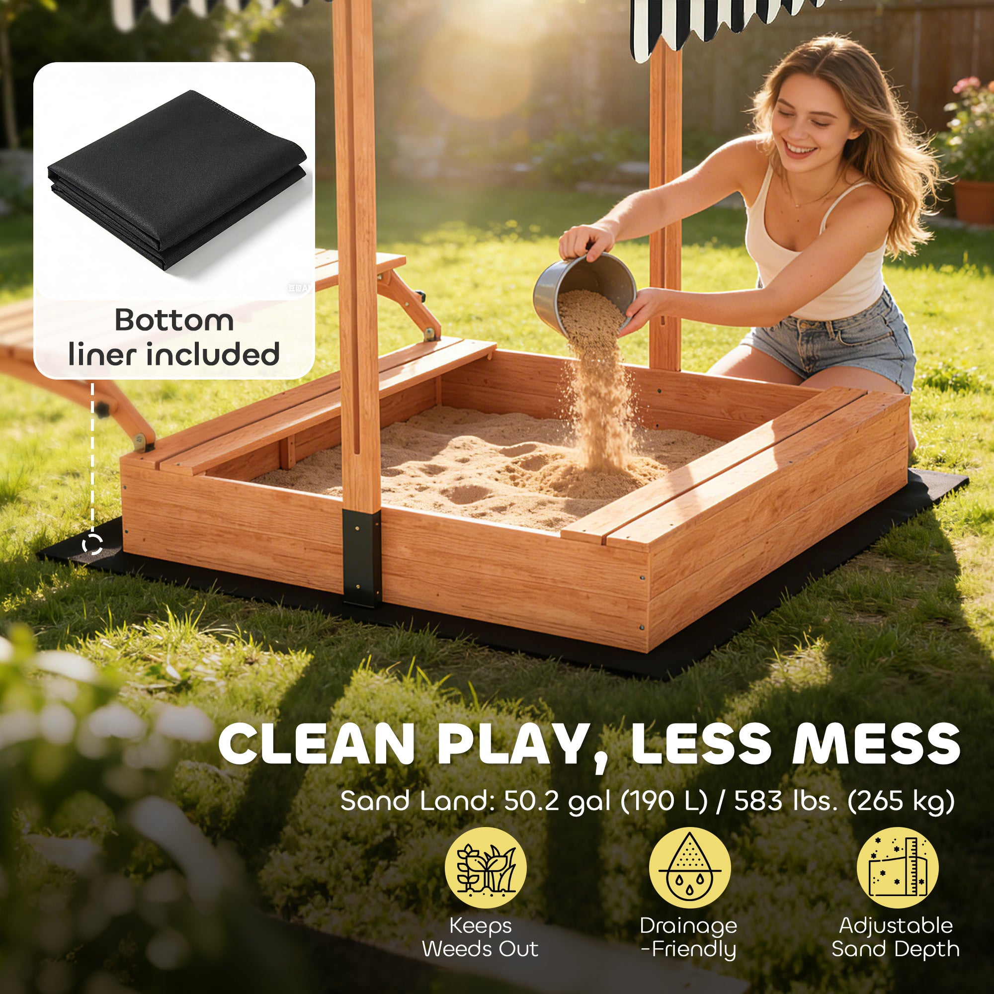 Kids Sandbox with Lid, Wooden Sand Pit with Canopy, Foldable Picnic Table, Bench Seats, Bottom Liner, Cover, Brown