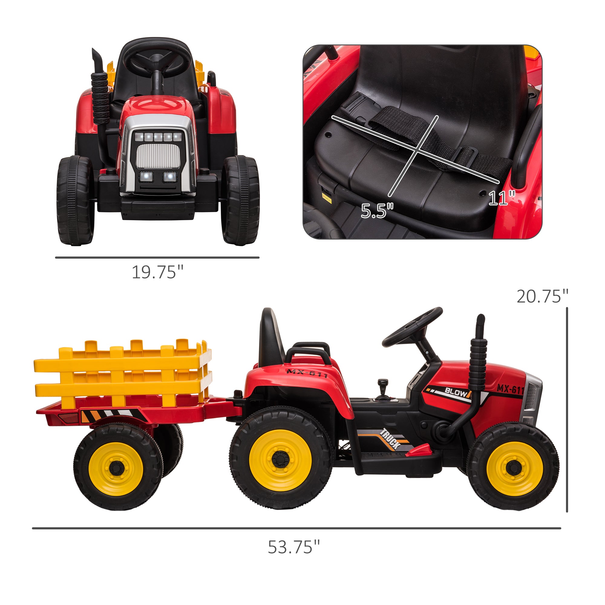 12V Electric Ride on Tractor with Trailer, 25W Dual Motors, Red