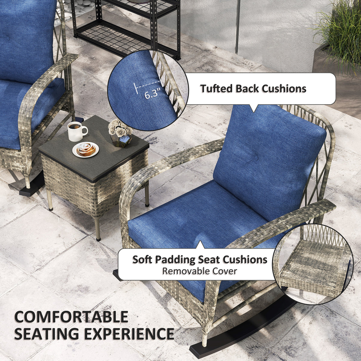 3 Piece Wicker Patio Furniture Set, Outdoor PE Rattan Rocking Chairs with Coffee Table, Cushions for Porch, Gray