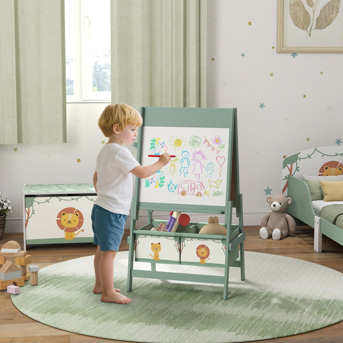 Qaba Art Easel for Kids, Double-Sided Whiteboard & Chalkboard with Paper Roll, Storage Baskets for Toddlers Ages 3-8, Green