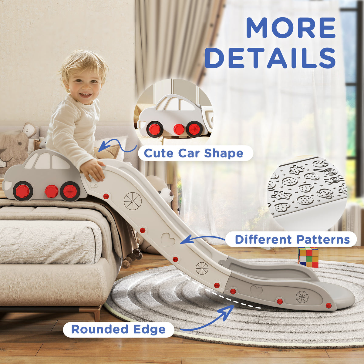 Extra Length Toddler Slide for Bed, Sofa, Easy to Assemble, Gray