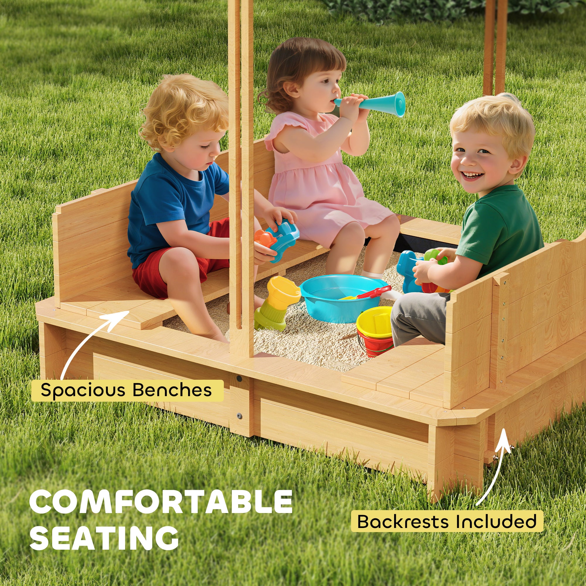 Wooden Kids Sandbox with Cover, Children Outdoor Sand Box with Foldable Bench Seats and Adjustable Canopy