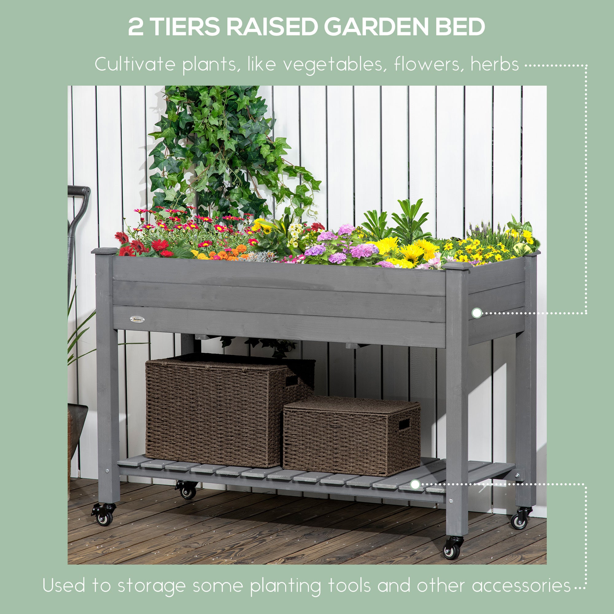 47" x 21" Raised Garden Bed Elevated Wooden Planter Box w/ Lockable Wheels, Storage Shelf for Backyard, Dark Gray - Dark Gray - Image 4