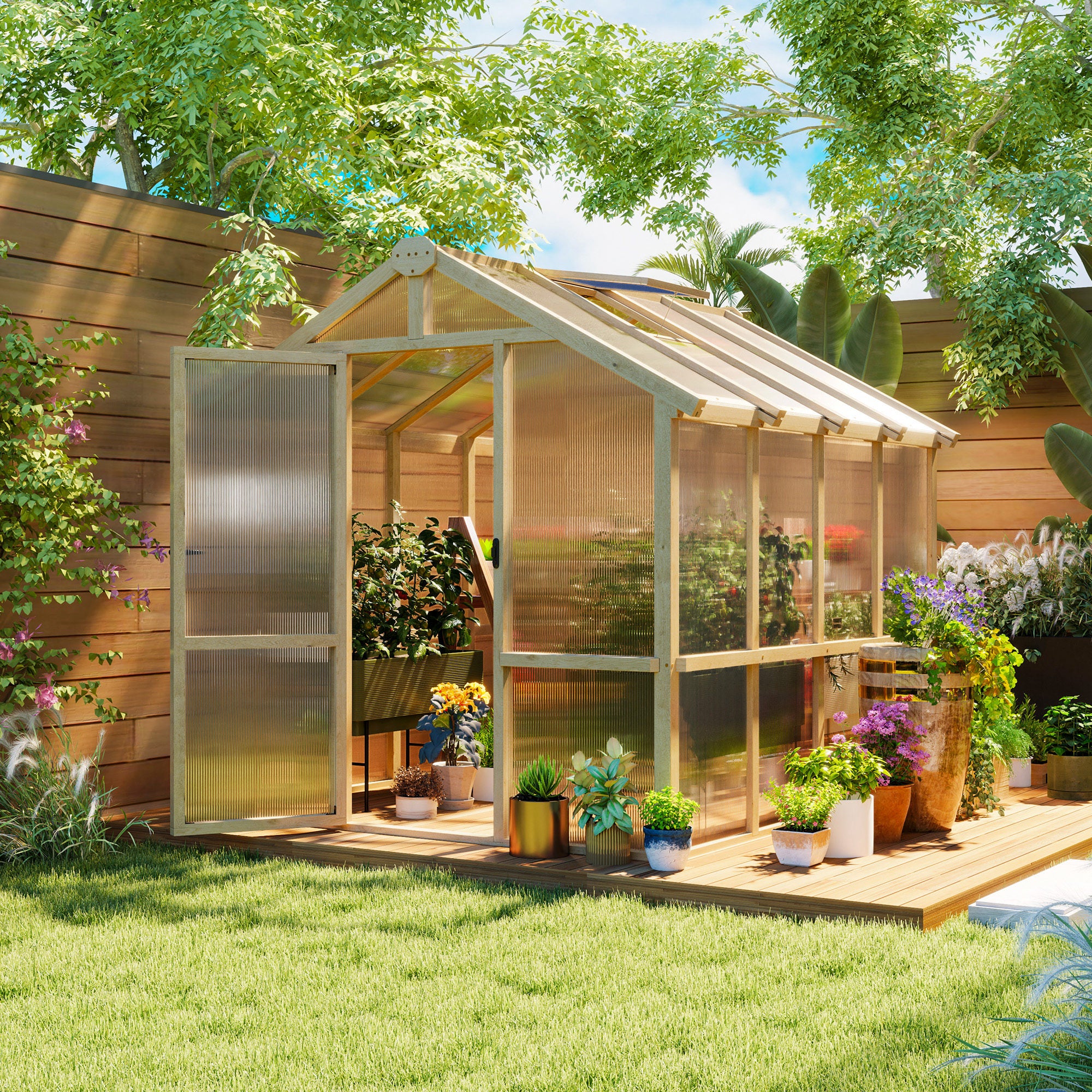 Wooden Greenhouse 6.6 x 8 ft Polycarbonate Walk-in with Lockable Door Thickened Panels, Roof Vent - Brown - Image 2