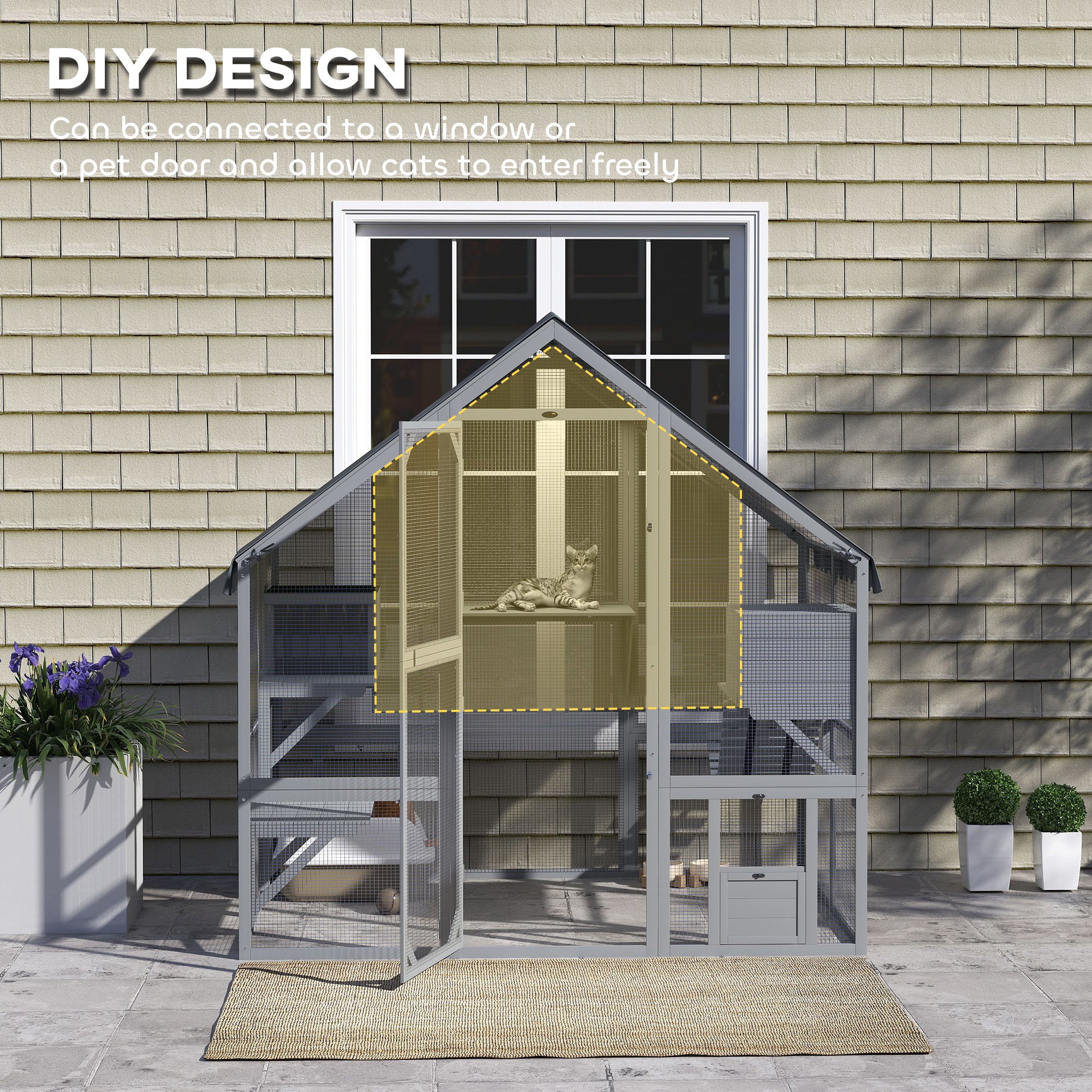 Wooden Catio Outdoor Cat Enclosure with Waterproof Cover, 2 Condos, 4 Platforms, Bridge, Doors, Gray - Gray - Image 7