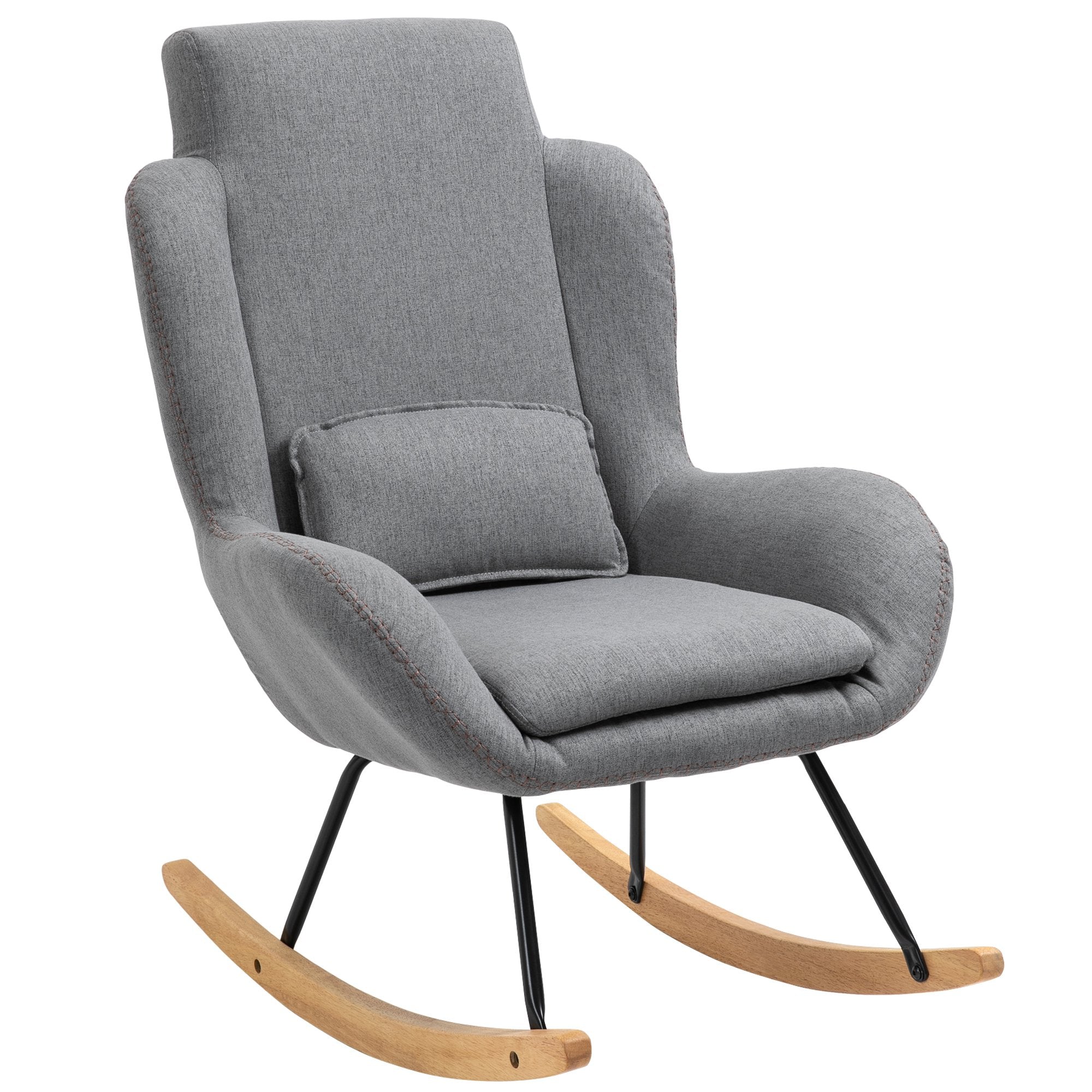 Modern Rocking Chair with Removable Lumbar Pillow Fabric Sofa Armchair with Thick Padding, Metal Frame, Wood Base for Living Room, Light Gray