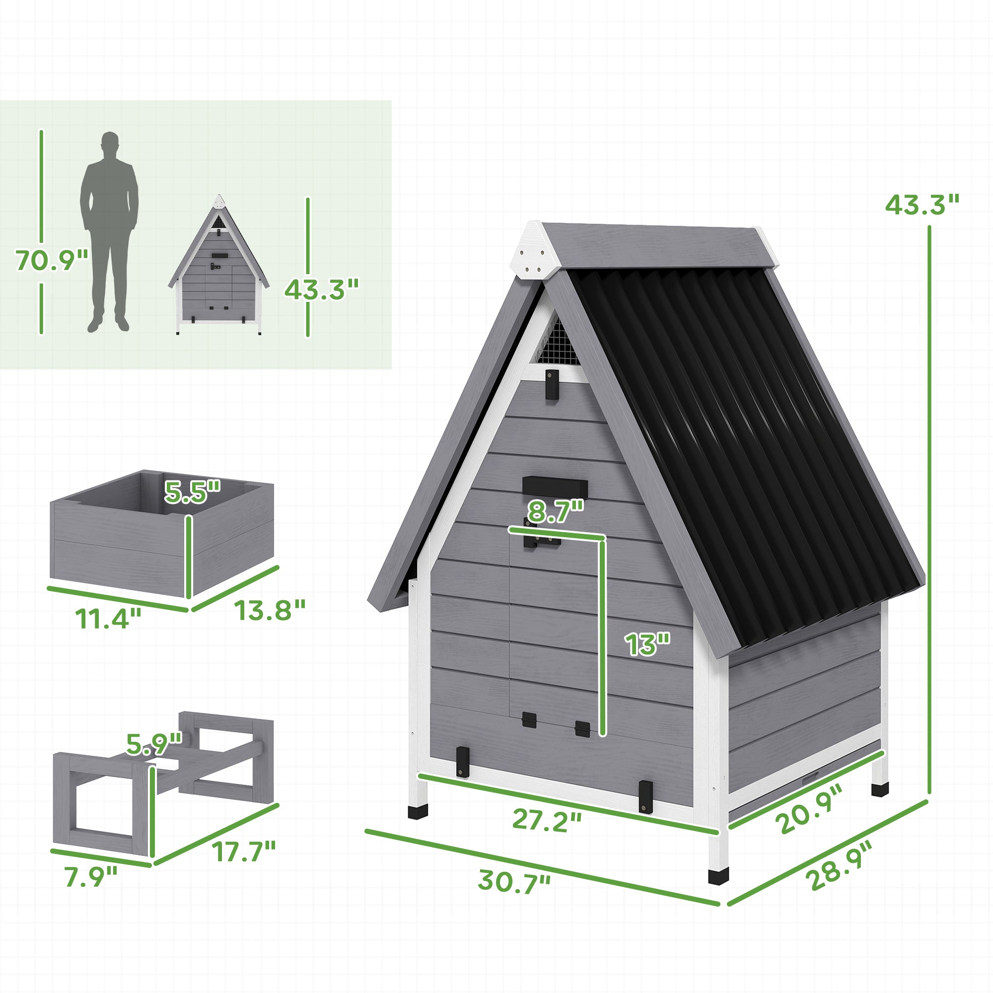 Chicken Coop for 2 Chickens, Outdoor Wooden Chicken House with Removable Nesting Box & Roosting Bar, Tray, Ramp - Gray - Image 3
