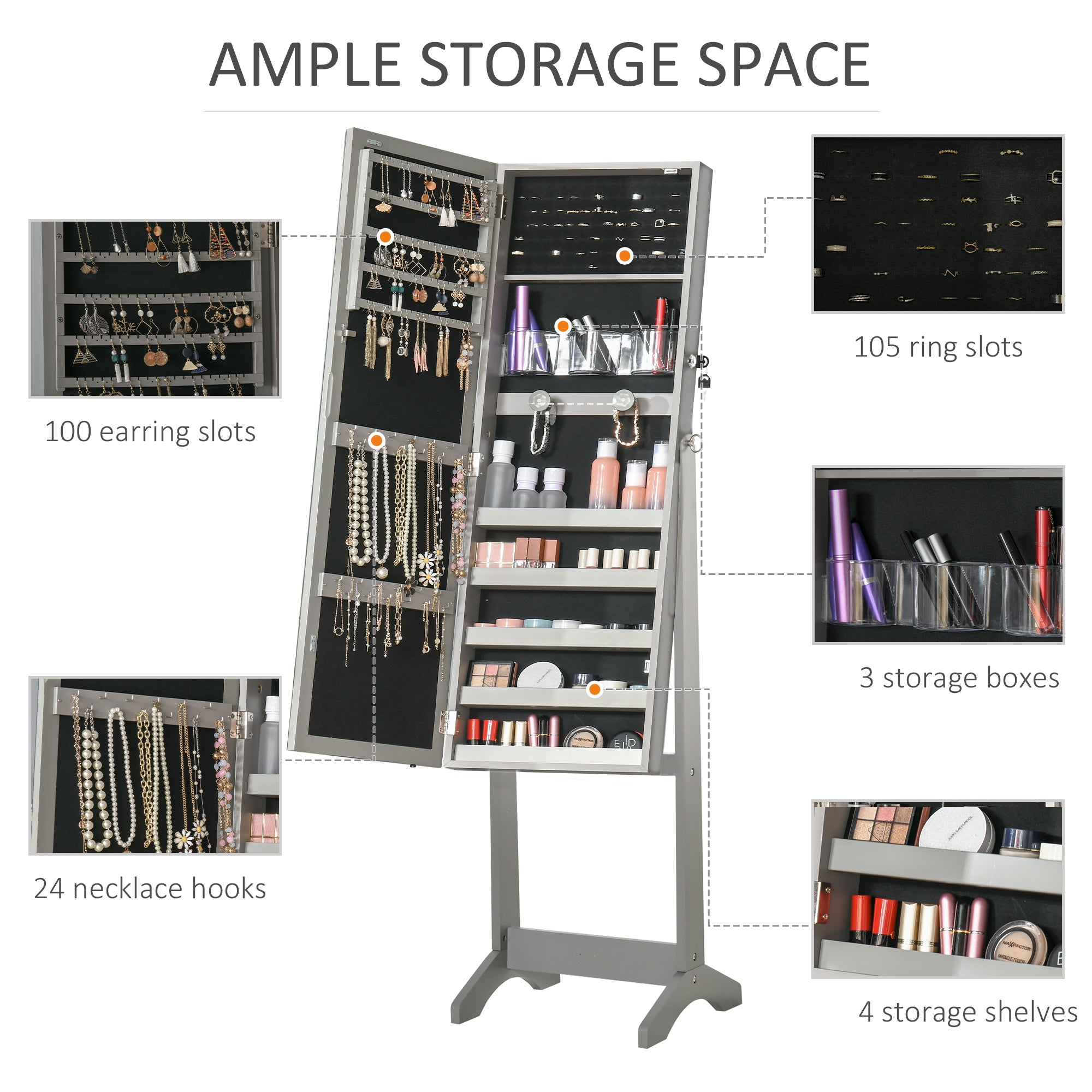 Floor Standing Jewelry Cabinet with LED Light, Lockable Jewelry Organizer with Full-Length Mirror, and 4 Adjustable Angles, Grey