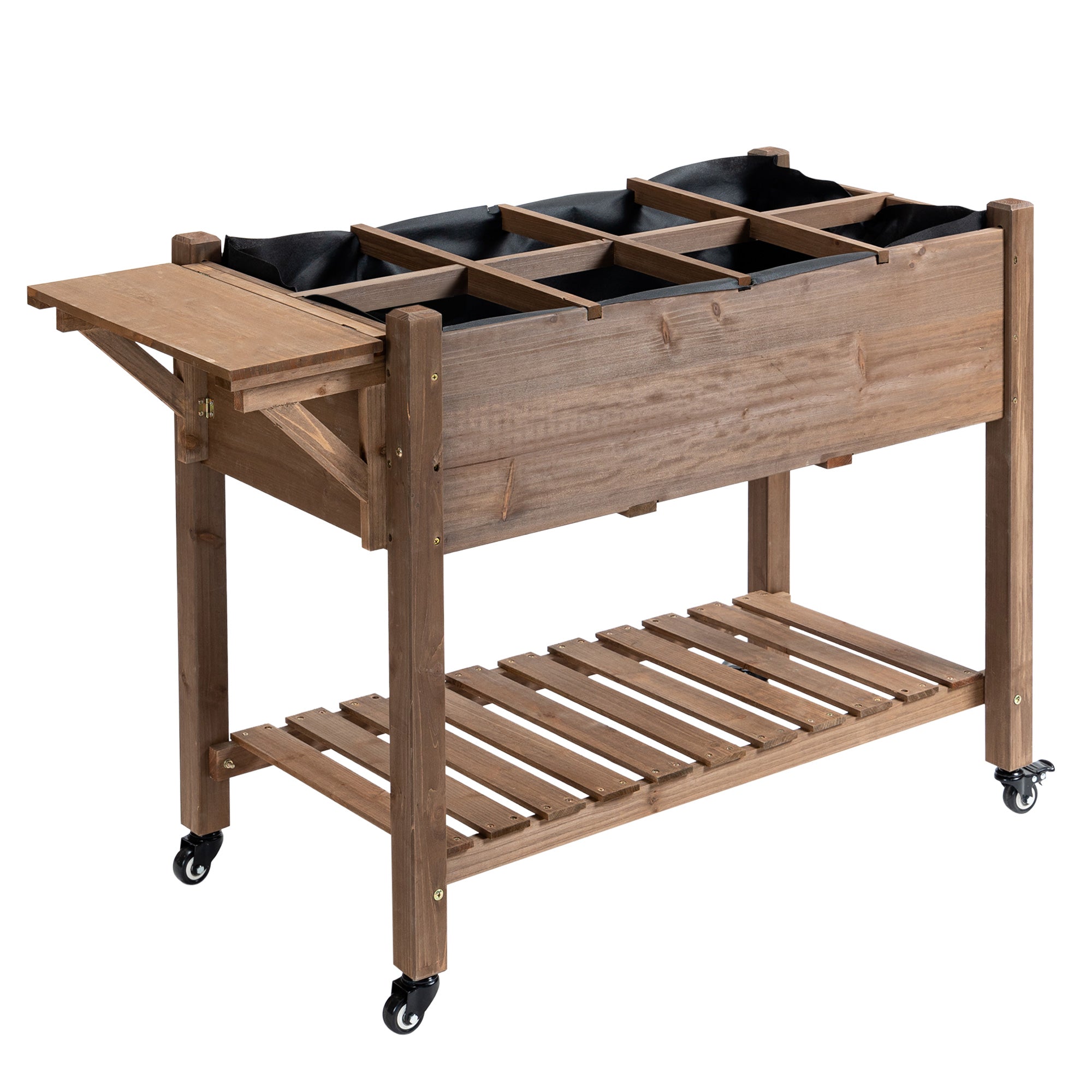 Wooden Garden Box, 34.25H with 8 Pockets and Lockable Wheels, Foldable Side Clapboard, Elevated and Self-Draining Design, to Grow Herbs, Vegetables, and Flowers, Brown - Brown