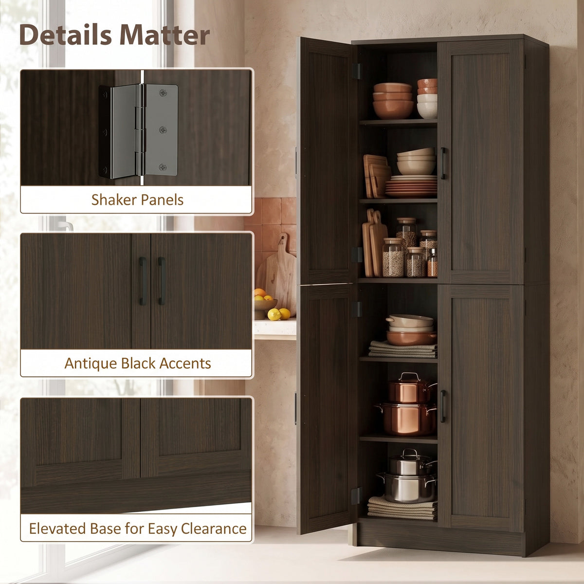 Freestanding Kitchen Pantry, 4-Door Kitchen Pantry Cabinet with Adjustable Shelves and Doors, Brown