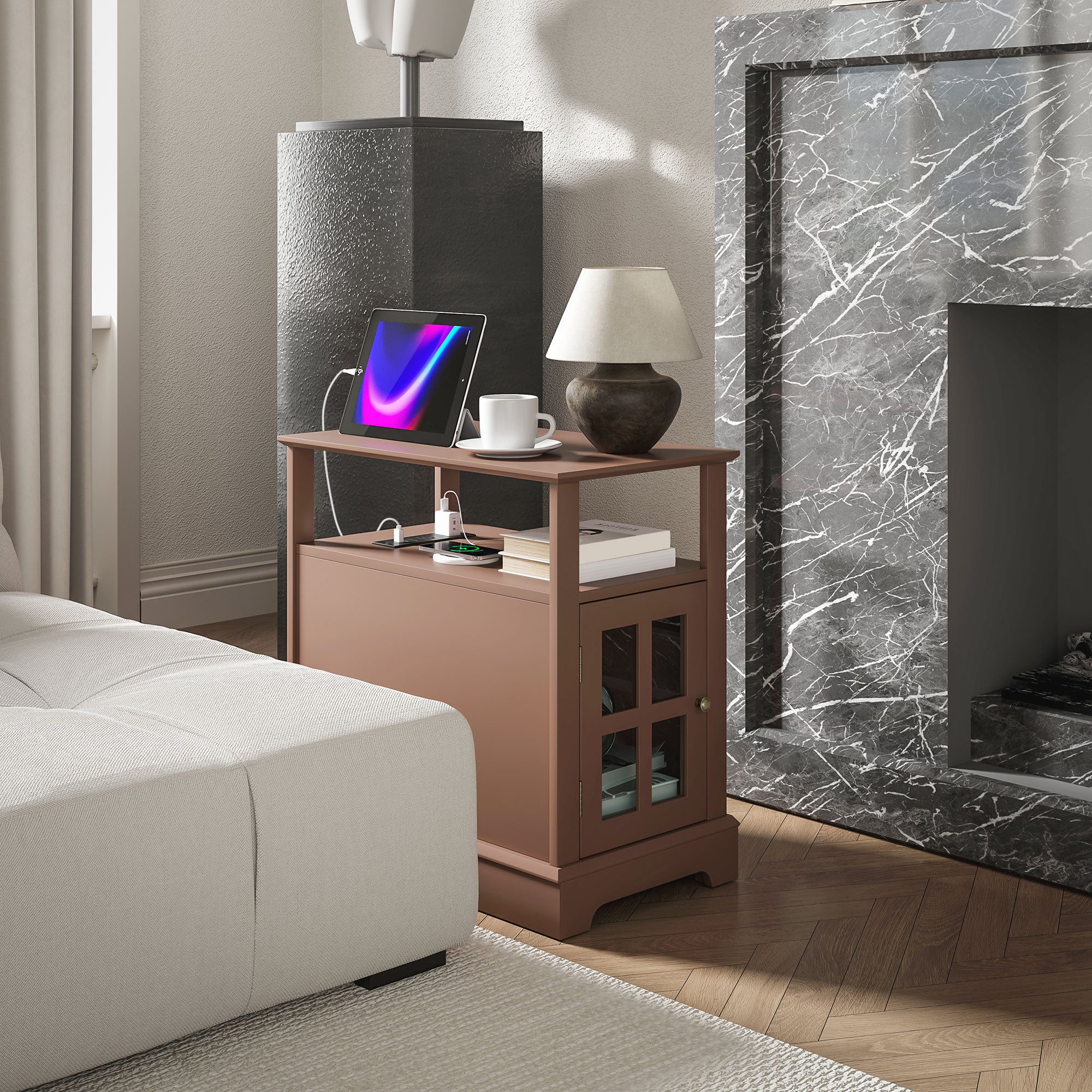 Narrow Side Table End Table with Charging Station, USB Ports, Modern End Table with Storage for Living Room, Brown