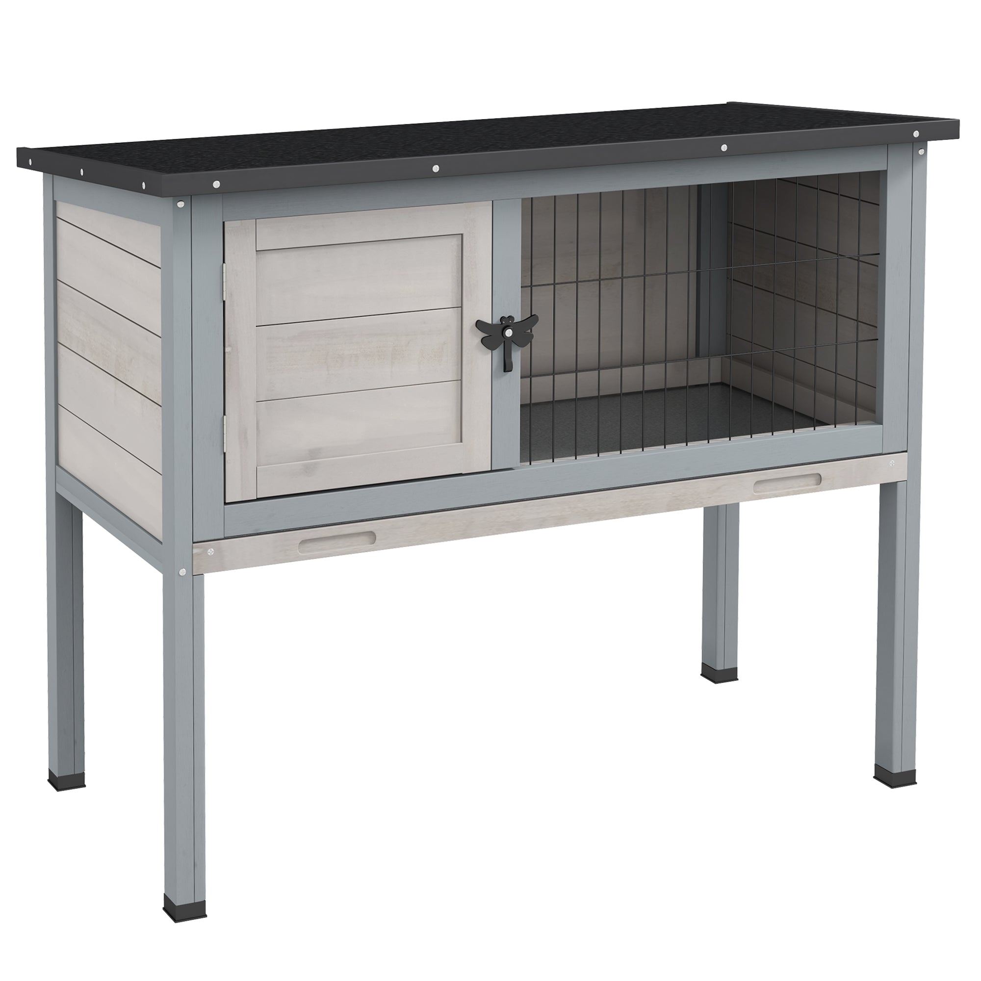 Elevated Rabbit Hutch, Wooden Bunny Cage with Hinged Asphalt Roof and Removable Tray, for Indoor/Outdoor, Gray - Gray