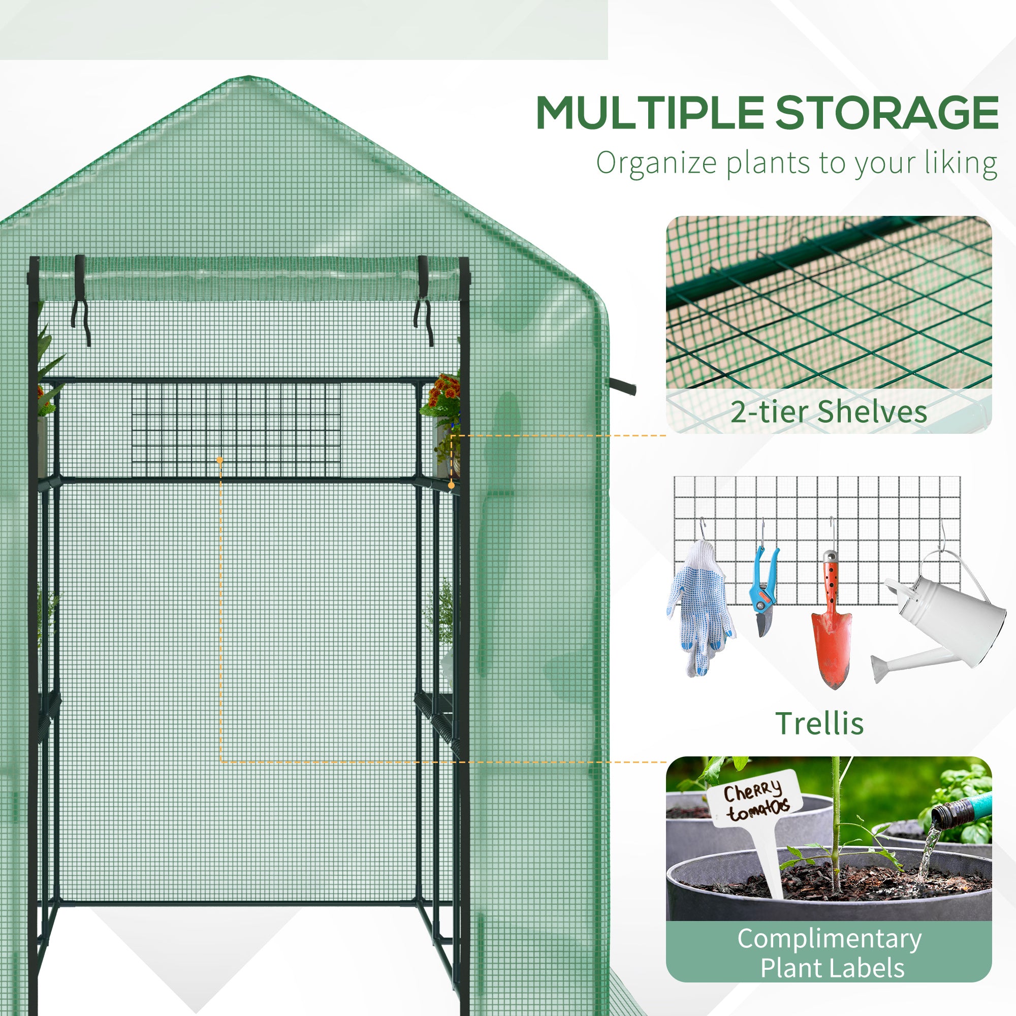 7' x 5' x 6' Walk-in Greenhouse for Outdoors with Mesh Door and Windows, 18 Shelf Hot House with Trellis, Plant Labels, UV Protective for Growing Flowers, Herbs, Vegetables, Saplings, Green - Green - Image 7