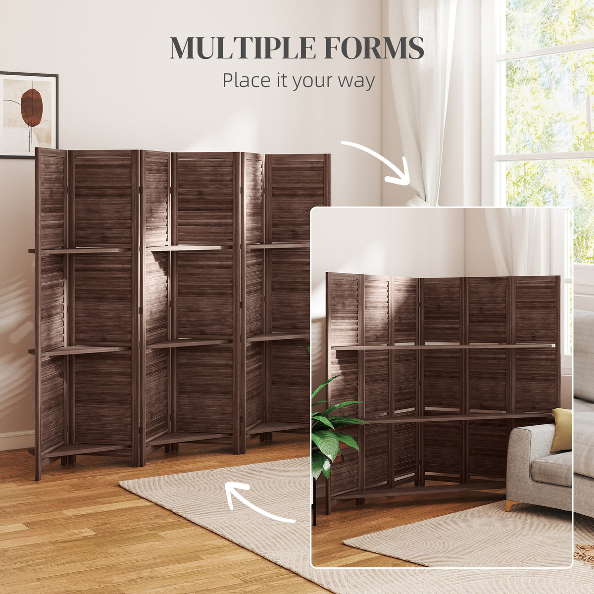 6 Panel 67" Tall Wood Privacy Screen Room Divider with 3 Shelves and Folding Storage for Bedroom, Walnut
