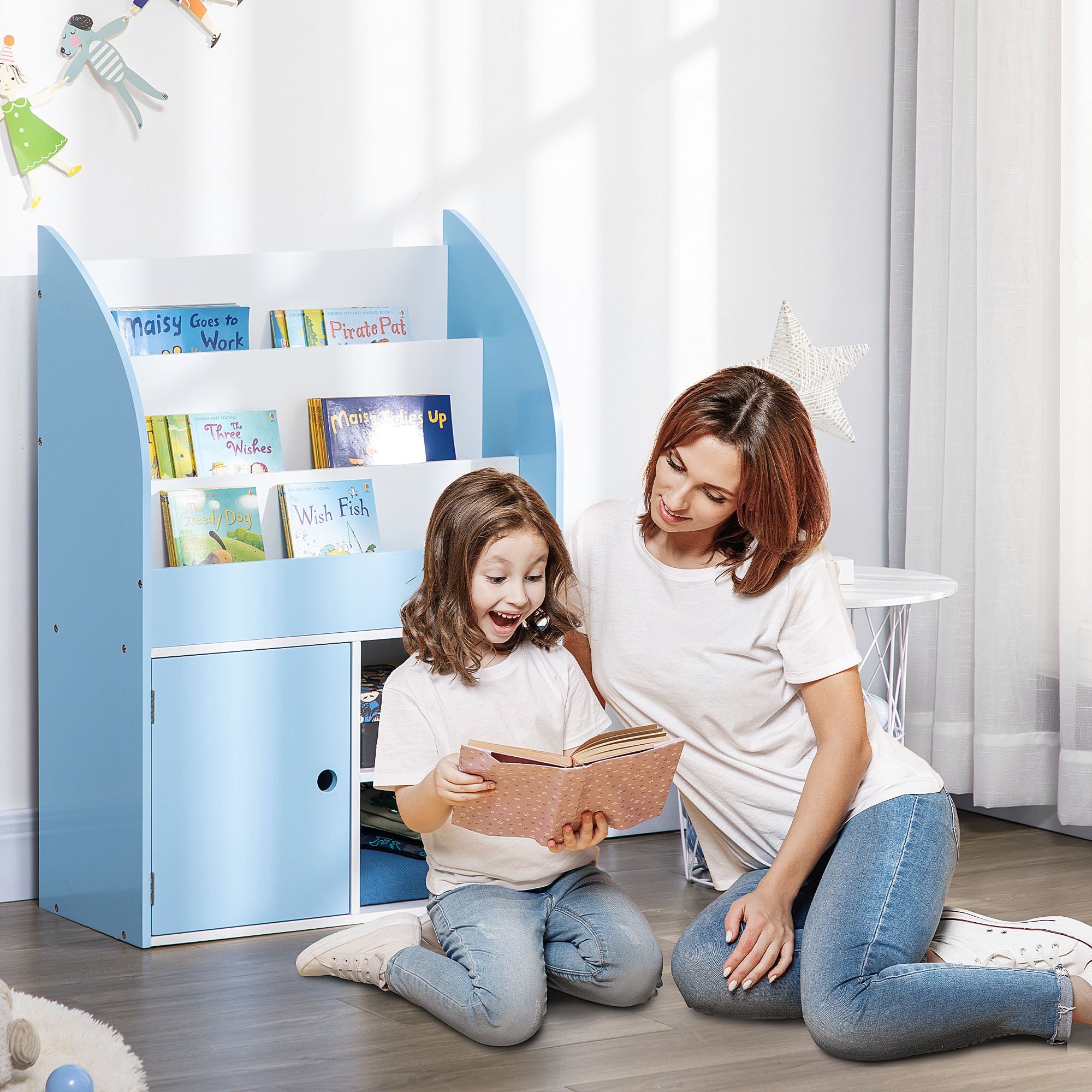 Toy Storage Organizer, Kids Bookshelf, Freestanding Children Bookcase with Cabinet for Toys Clothes Books, Blue