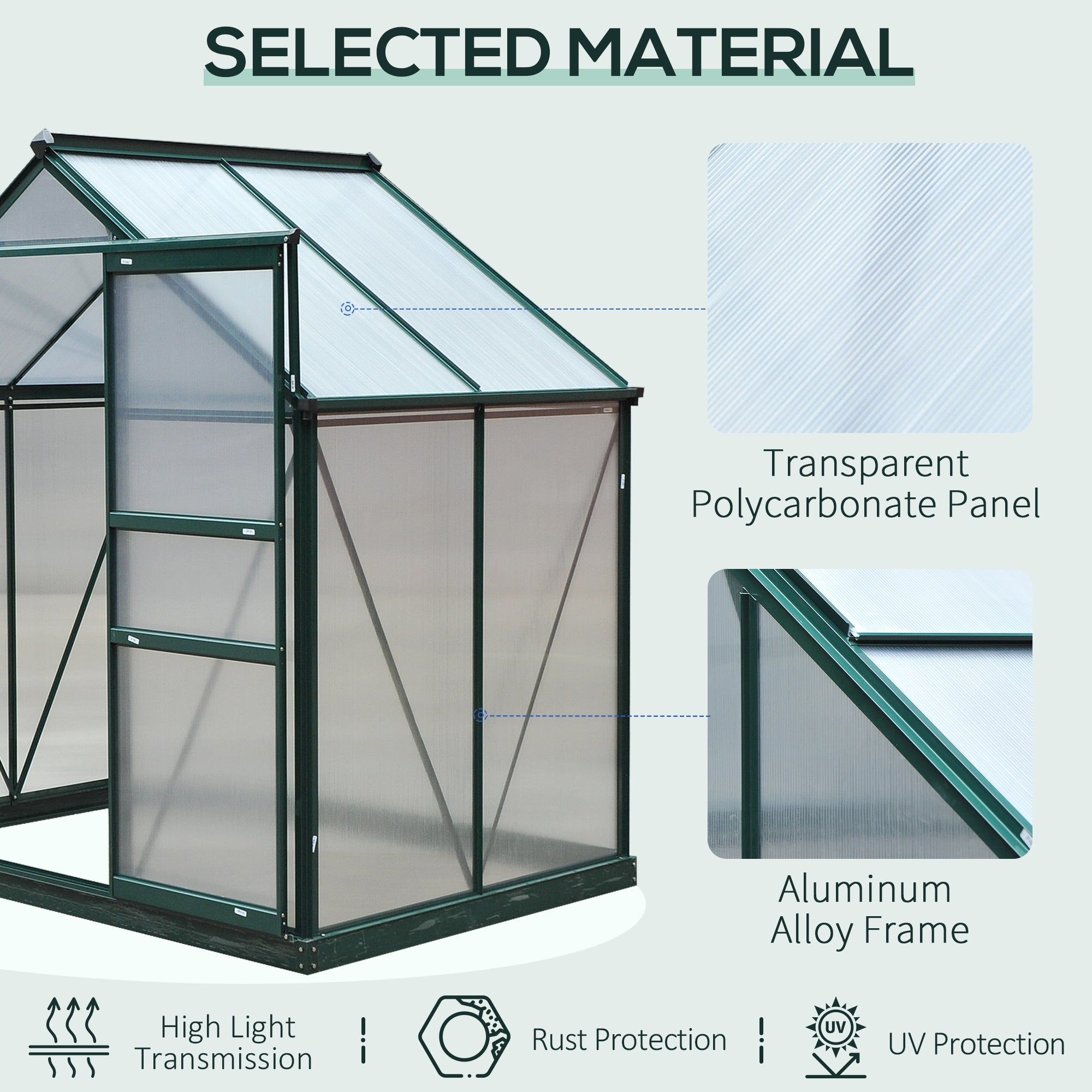 6' x 4' Greenhouse for Outdoors, Polycarbonate Greenhouse with Rain Gutter and Roof Vent, Aluminum Walk-in Green Houses for Outside for Patio Backyard Garden, Dark Green - Dark Green - Image 7